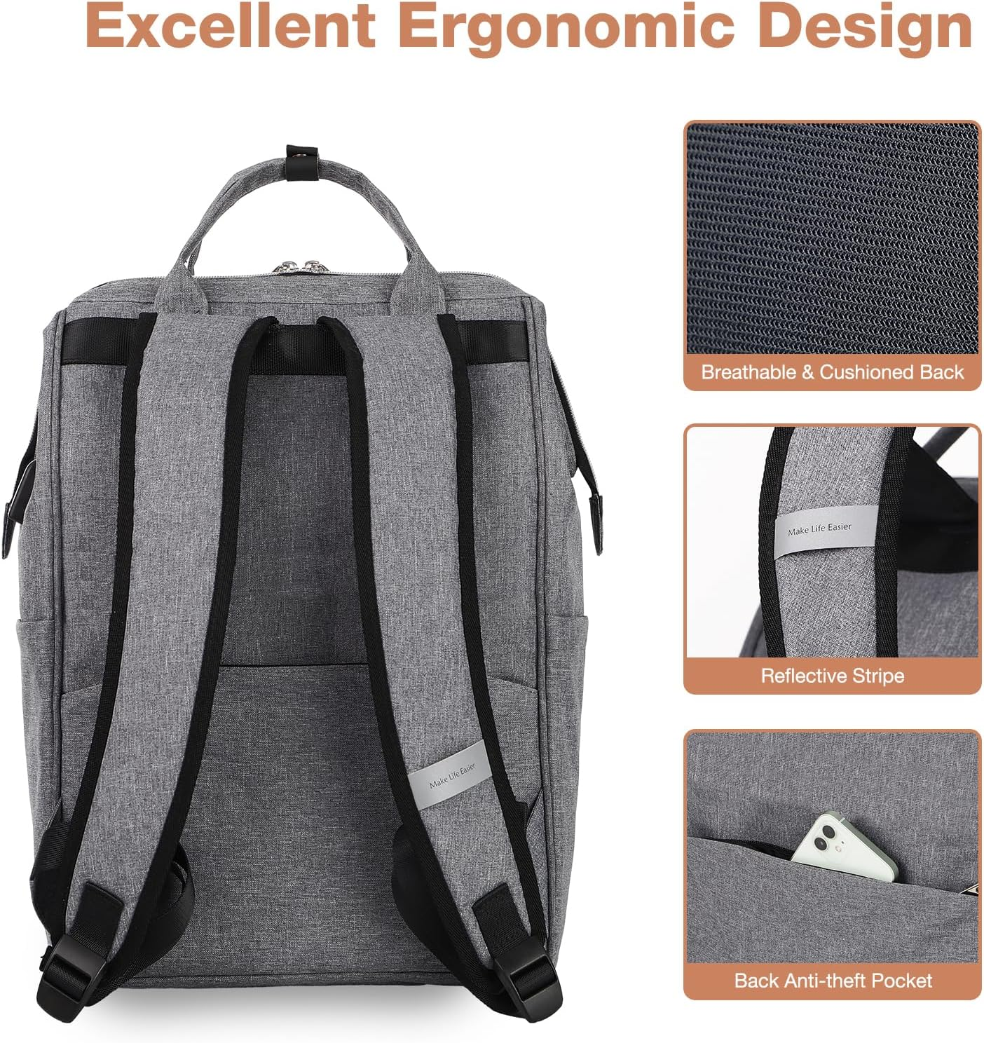 Lekesky Laptop Rucksack Bag for Women 15.6 Inch Computer Backpack School Bag for Travel Business College Women Men- Dark Grey image number 2