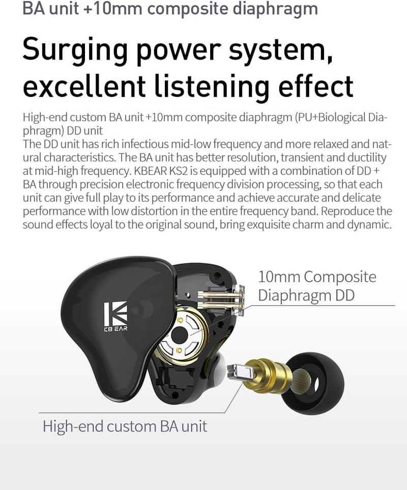KEEPHIFI KBEAR KS2 IEM In-Ear Headphones, 10 Mm PU + Biological Composite Membrane DD 1BA In-Ear Monitors, Deep Bass, Aluminium Alloy Sound Nozzle Headphones with Removable Cable for Musicians, Gaming