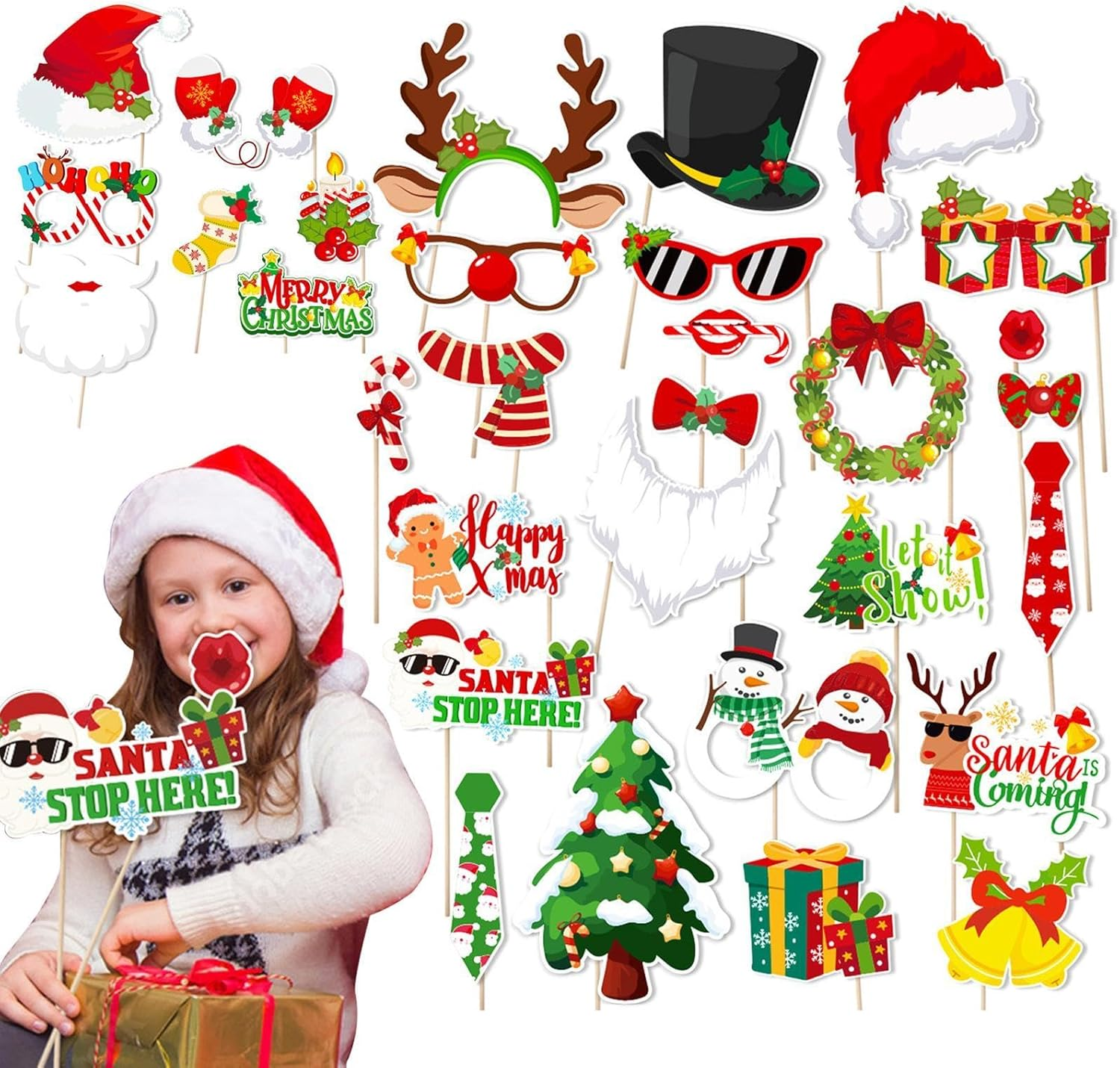 30Pcs Christmas Photo Booth Props Kit, Christmas Selfie Prop, Christmas Face Masks Selfie Props, Christmas Photobooth Props for Family Photos and Christmas Event Supplies image number 2