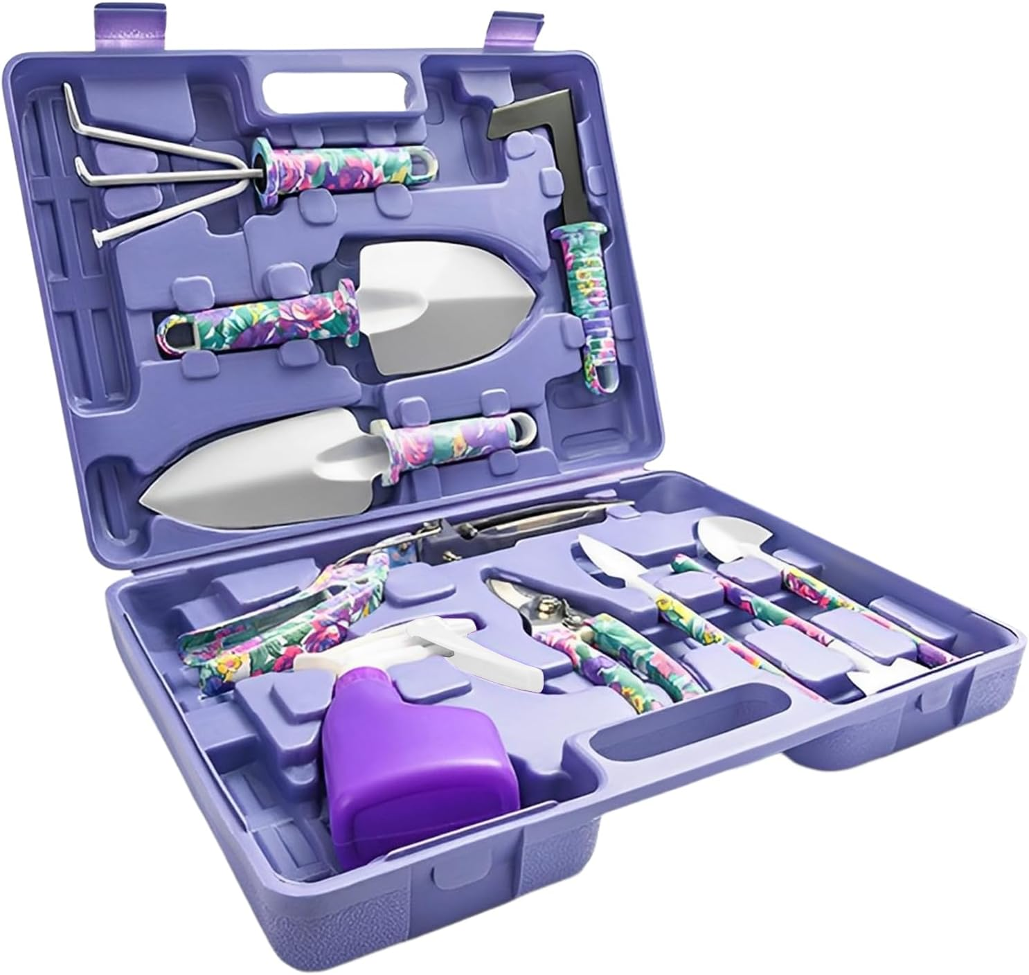 Springup Garden Tools Set, 10 Pieces Gardening Gifts Stainless Steel with Storage Case with Garden Trowel Pruners, Rake, Shovel, Trowel, Sprayer, and More -Garden Gifts for Men & Women (Purple)