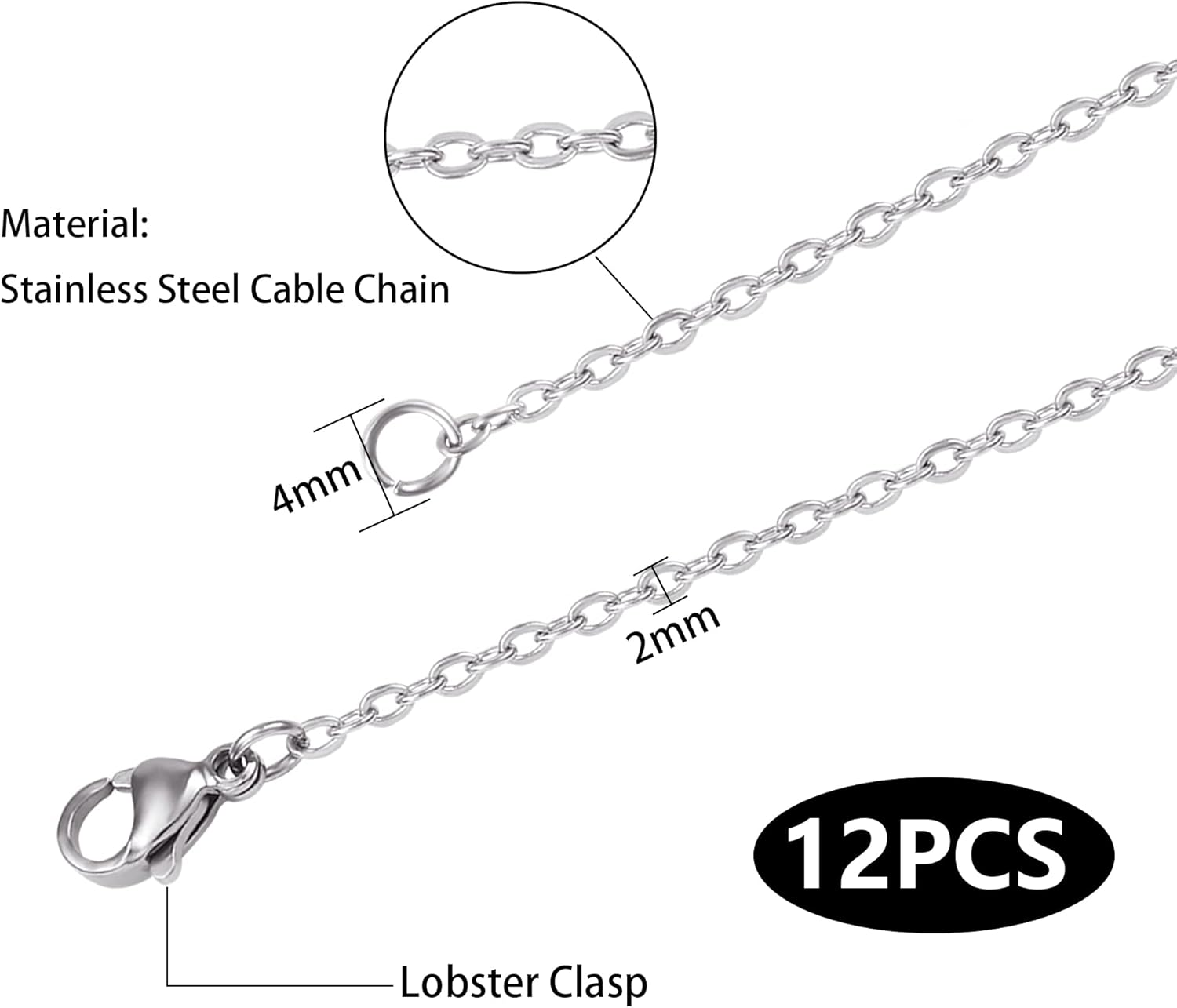 Wholesale 12 PCS Genuine Stainless Steel Fine Cable Chain Necklace Chains Bulk for Jewelry Making 18-30 Inches (20 Inch(2Mm))