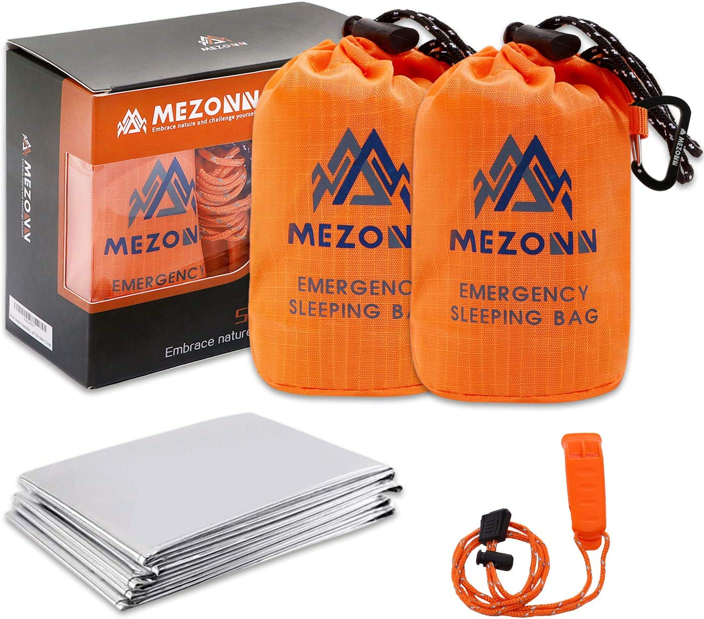 Mezonn PE Emergency Sleeping Bag Survival Bivy Sack- Use as Emergency Space Blanket, Lightweight Sleeping Bag, Survival Gear for Outdoor, Hiking, Camping - Includes Nylon Sack with Carabiner