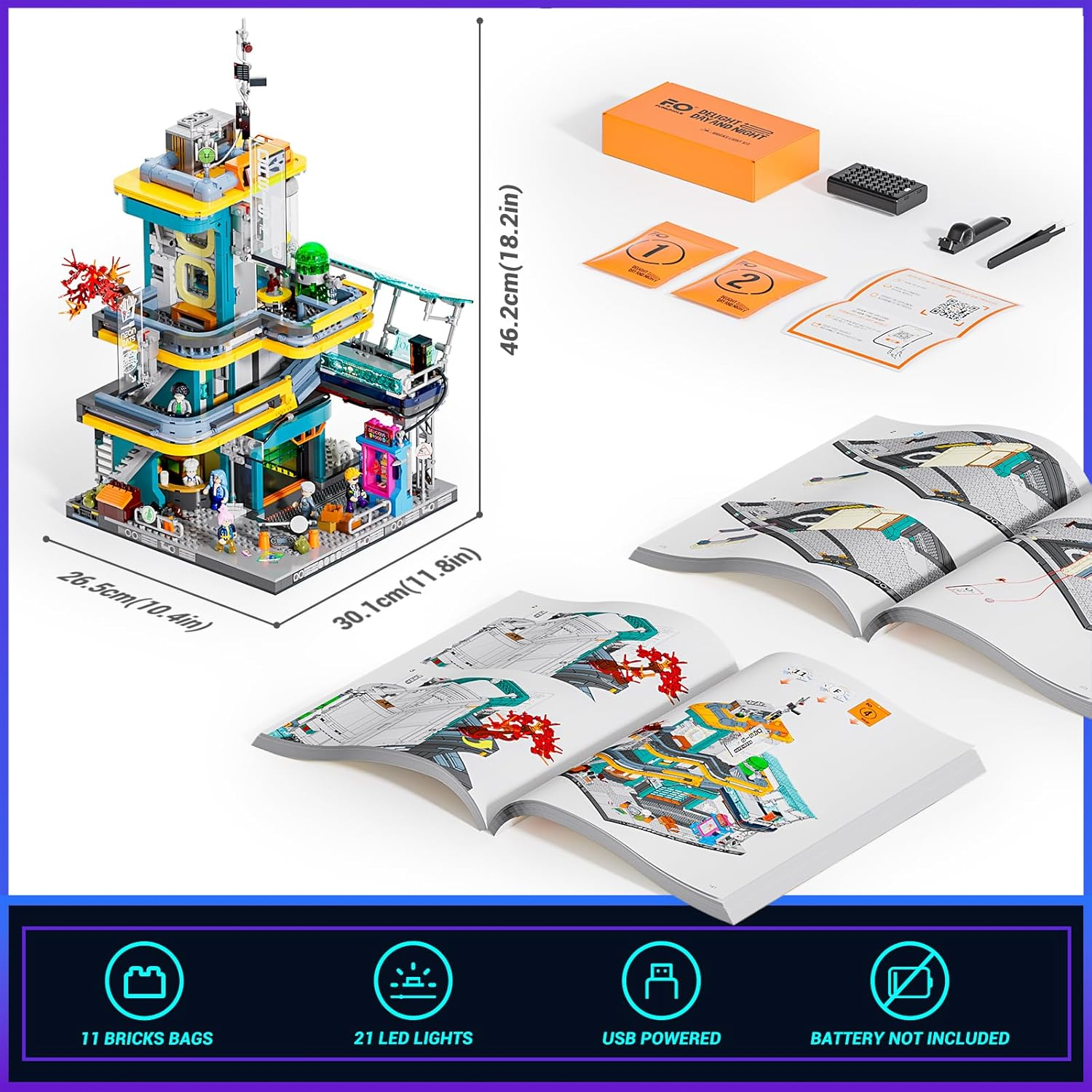 FUNWHOLE Cyberpunk Mansion Lighting Building-Bricks Set - 2524 Pcs Future City Modular Buildings Set Display Idea for Adults and Sci-Fi Lovers image number 4