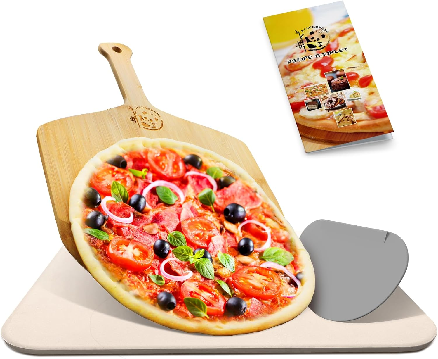 AILUROPODA 15 X 12" Rectangle Pizza Stone with Bamboo Pizza Peel, Cleaning Scraper and Recipe Cordierite Baking Stone for Oven and Grill Pizza Stone for Grill Thermal Shock Resistant