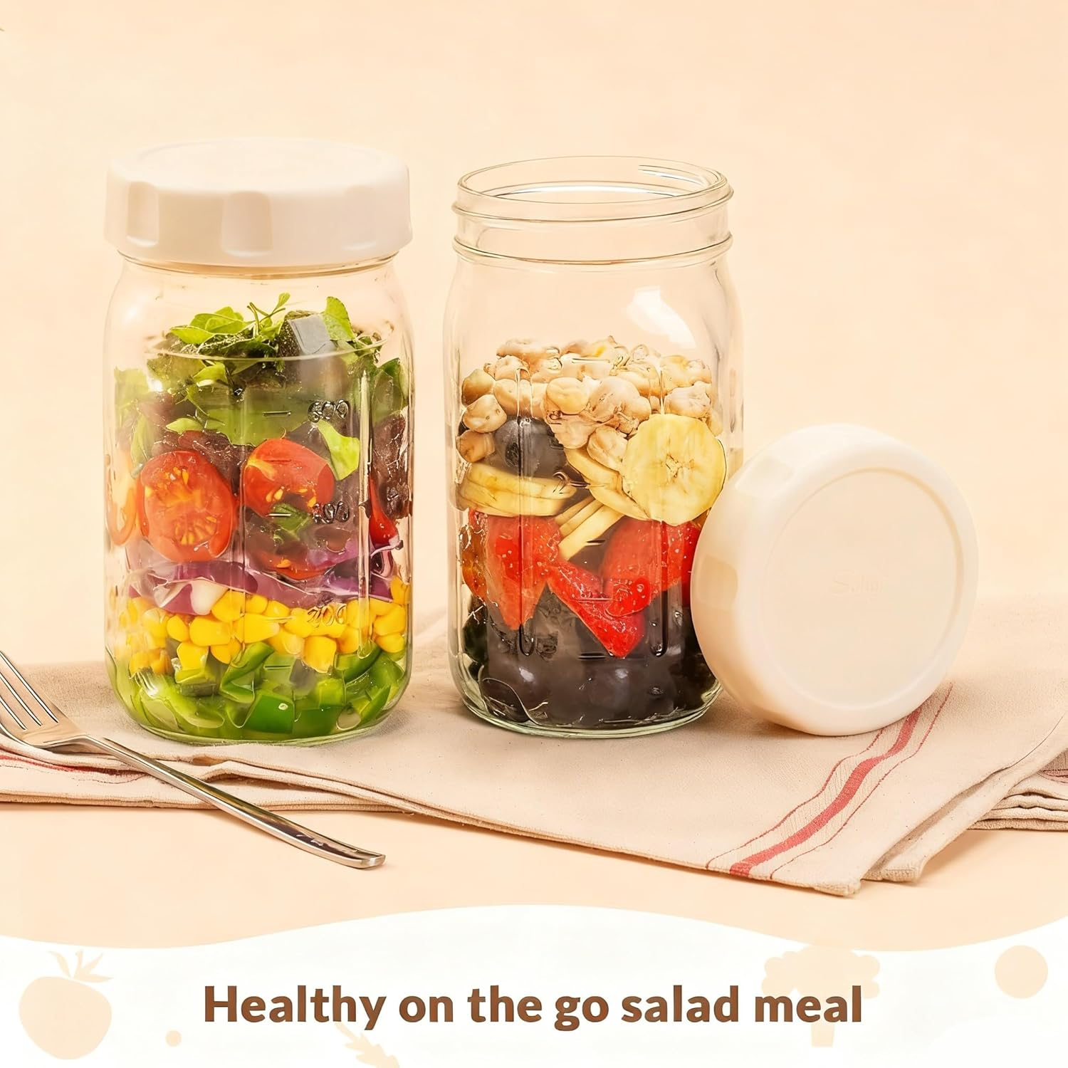 Telfun 4 Pack Glass Salad Jars with Lids Meal Prep, Leakproof Salad Container for Lunch, 32Oz Mason Jars