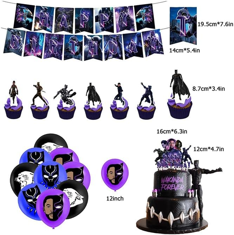 Dinoeye Black Panther Birthday Party Supplies: 18Pcs Balloons, 13Pcs Cake Decorations, 1Pc Banner image number 6