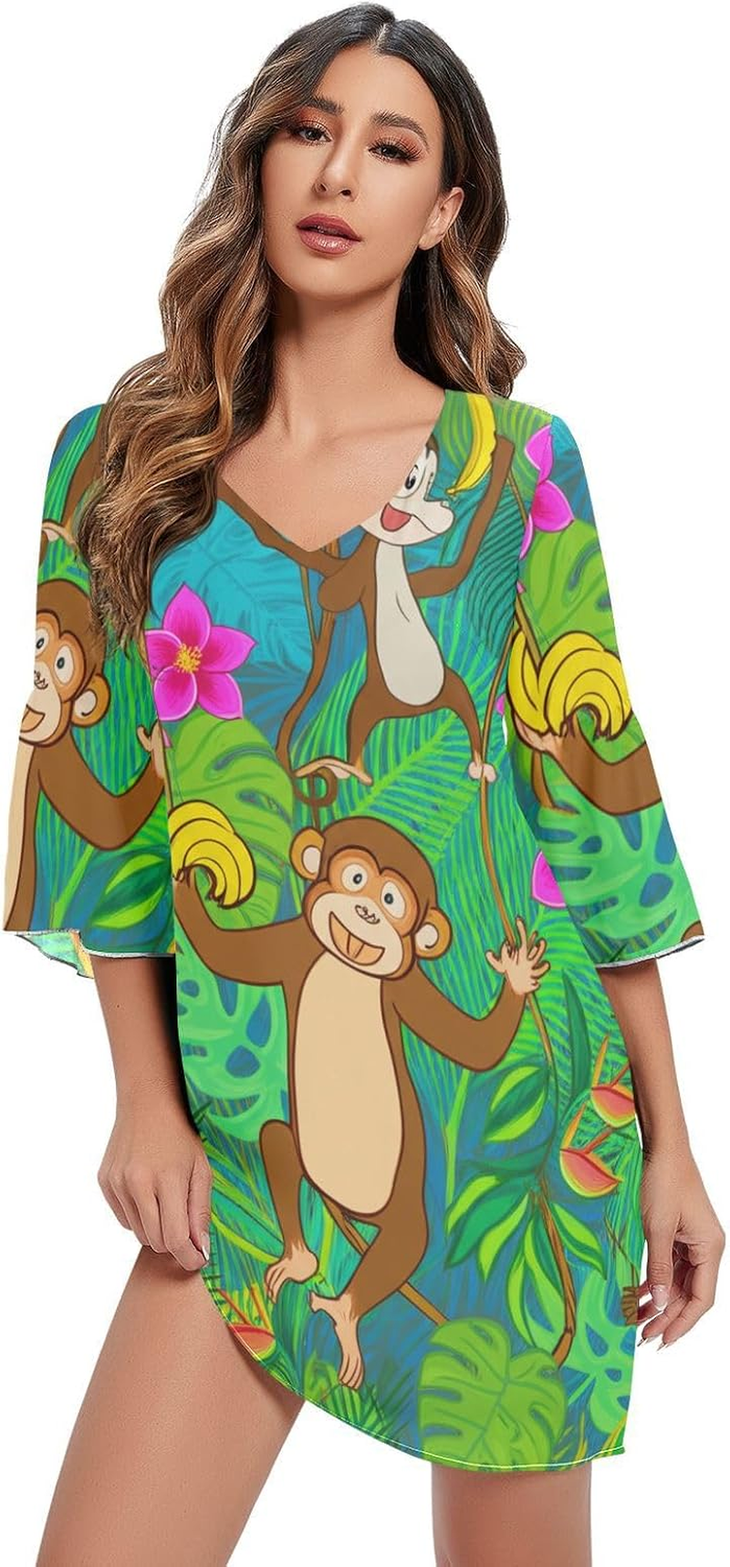 Playful Monkeys Jungle Green Short Chiffon Dress 3/4 Sleeve Maternity Dress Party S-XXL image number 3