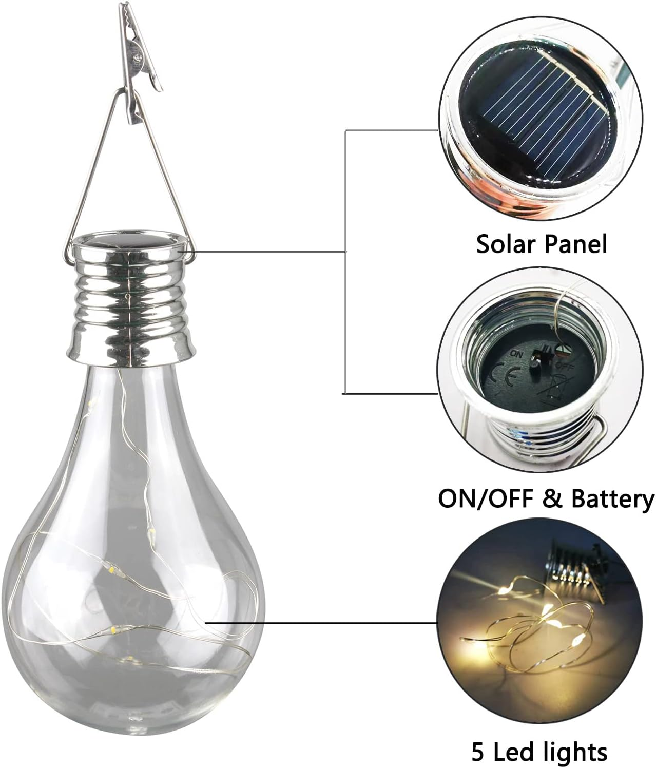 Pearlstar Solar Light Bulbs Outdoor Waterproof Garden Camping Hanging LED Light Lamp Bulb Globe Hanging Lights for Home Yard Christmas Party Holiday Decorations (6 Pack-Clear Bulbs) image number 6