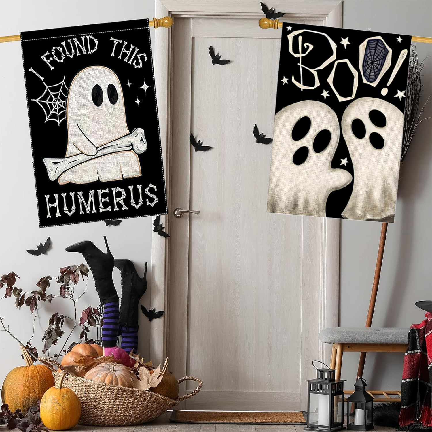 2Pcs Happy Halloween Garden Flag, Terrifying Ghost Bone Flag, Funny Ghost Yard Flag, Double-Sided Weatherproof Outdoor Decoration for Holiday Front Porch Patio Courtyard Lawn image number 1