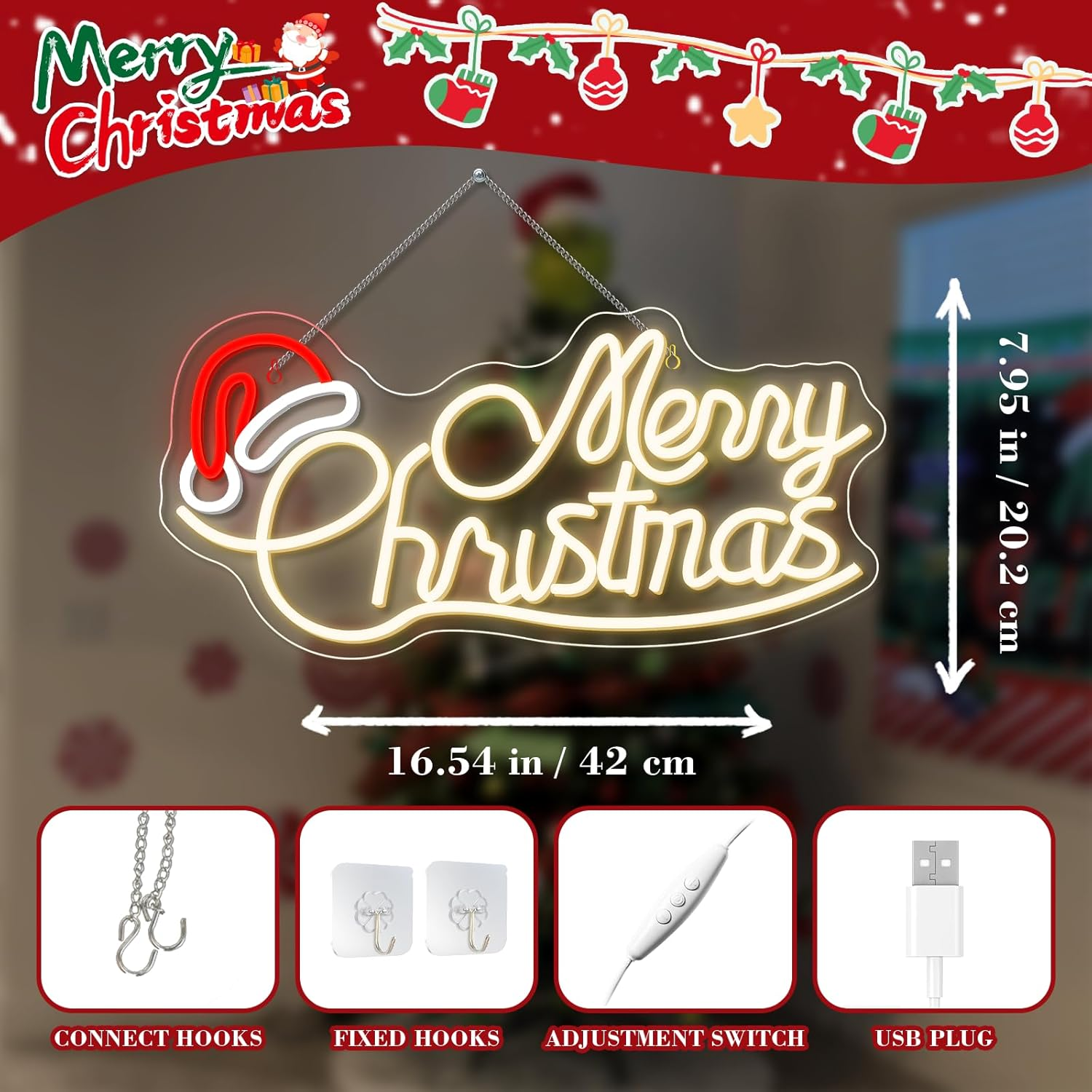 SIGNSHIP Merry Christmas Hat Neon Sign Letter Merry Christmas Hat LED Sign LED Lettering with Dimmable Switch Light Signs for Wall Decor Christmas Party Bedroom New Year Party Shop image number 4