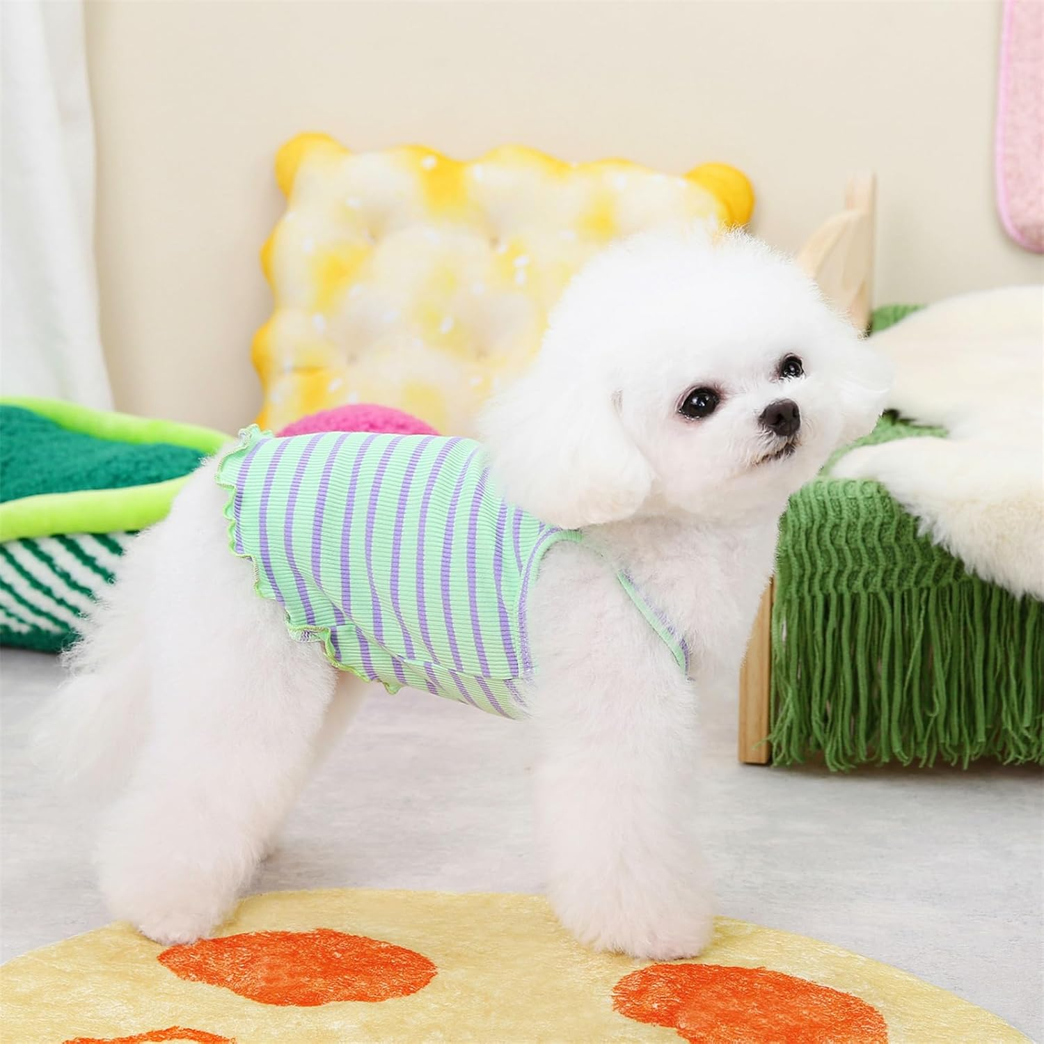 Yaopelky 2 Pieces Small Medium Dogs Summer Clothes Dog Striped Shirt Cute Flower Strawberry Embroidery Vest Pet Outfit for Chihuahua Yorkie Teddy (Pink-Green, S) image number 4