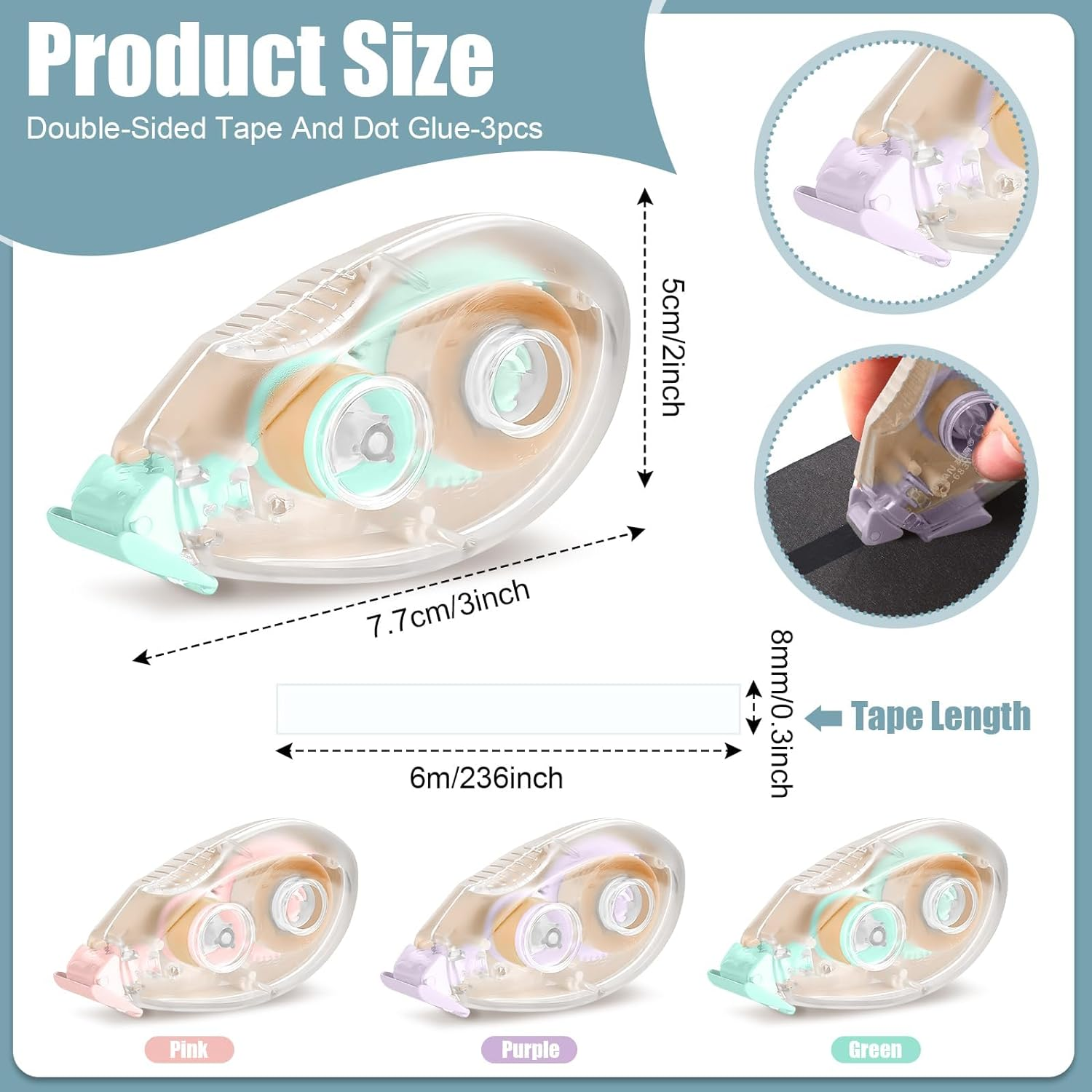 Glue Tape Roller, 3 Pcs Double Sided Glue Roller Permanent, Double Sided Tape Dispenser for Craft, Scrapbooking Supplies, Photo, Album, Cards, Gift Wrapping (0.24In X 19.68Ft)