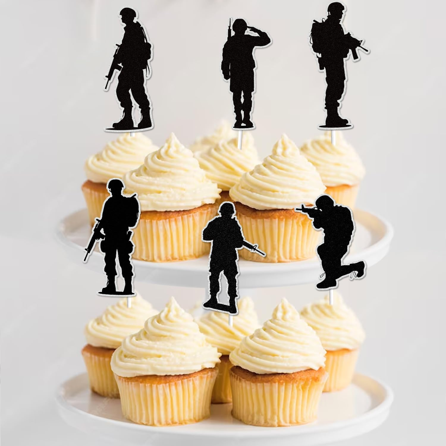 18Pcs Military Cupcake Toppersblack Glitter Gun Army Soldier Fighter Veteran'S Day Happy Birthday Cupcake Pick Airman Retirement Military Themed for Kids Boys Men Birthday Party Supplies image number 3