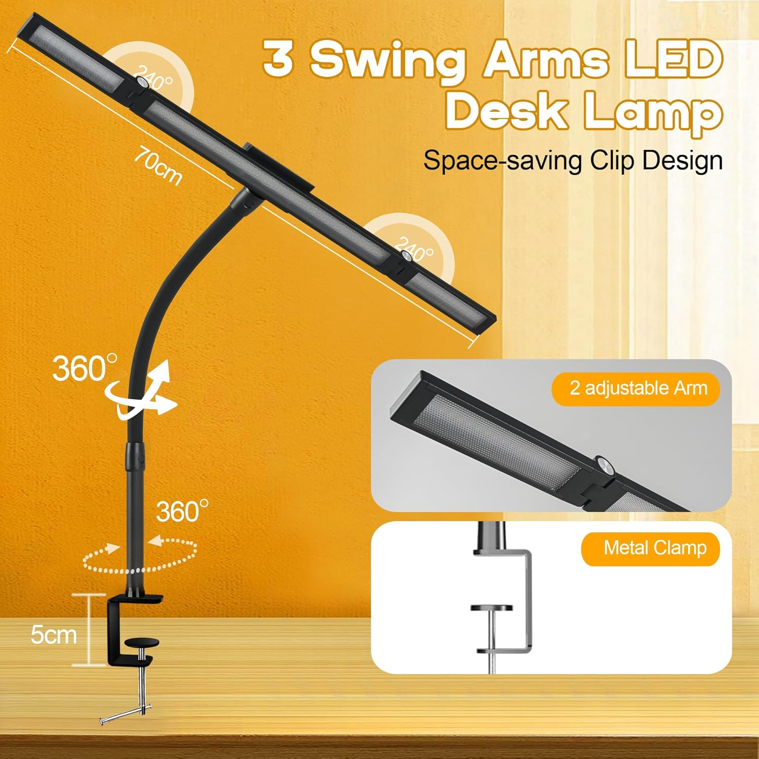Anyuainiya LED Desk Lamp with Clamp, Architect Desk Lamp for Home Office with Atmosphere Lighting, 24W Ultra Bright Human Body Sensor Dimmable Computer Table Light Rotatable Office Lamp with Base image number 5