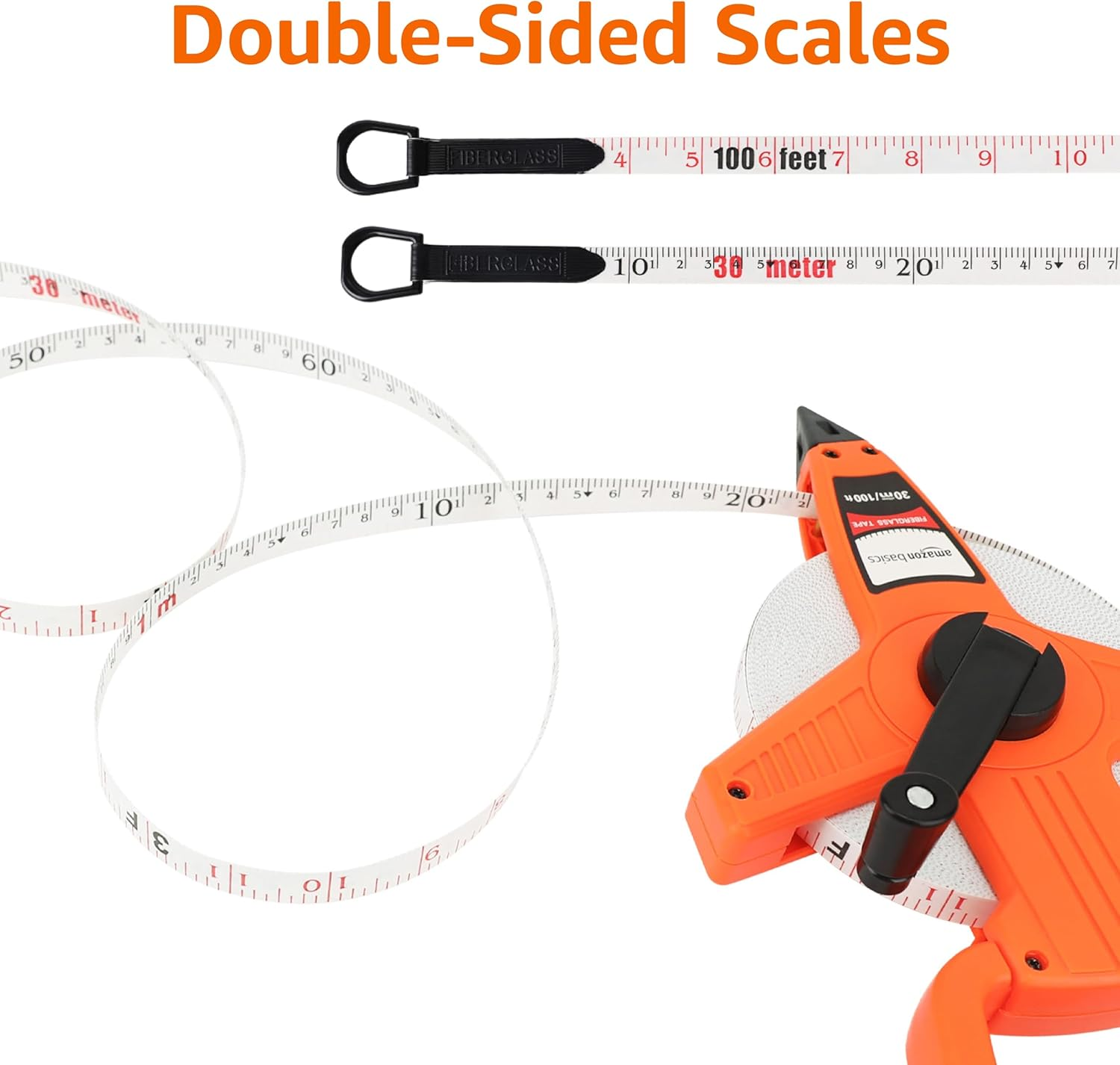 Amazon Basics Open Reel Fiberglass Tape Measure, 100-Feet (30-Meters) by 1.27 CM, Inch/Metric Scale, Impact Resistant Shell, Orange image number 3