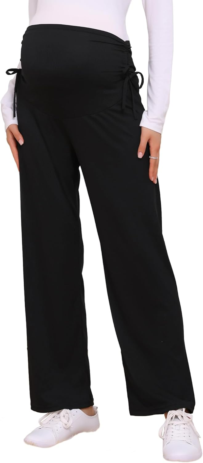 Womens Maternity Pants Ribbed Knit Palazzo over the Belly Work Lounge Wide Leg Pregnancy Trousers Black L