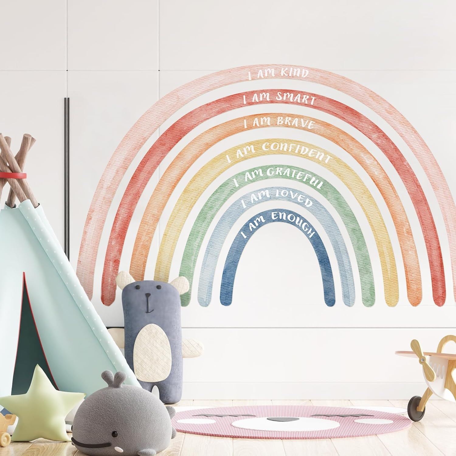 Tinideya 76.77X47.24'' Watercolor Large Rainbow Wall Decal Classroom Wall Decor with Inspirational Quote Peel and Stick Stickers Waterproof Wallpaper for Girls Kids Bedroom Nursery Playroom(Cute) image number 4