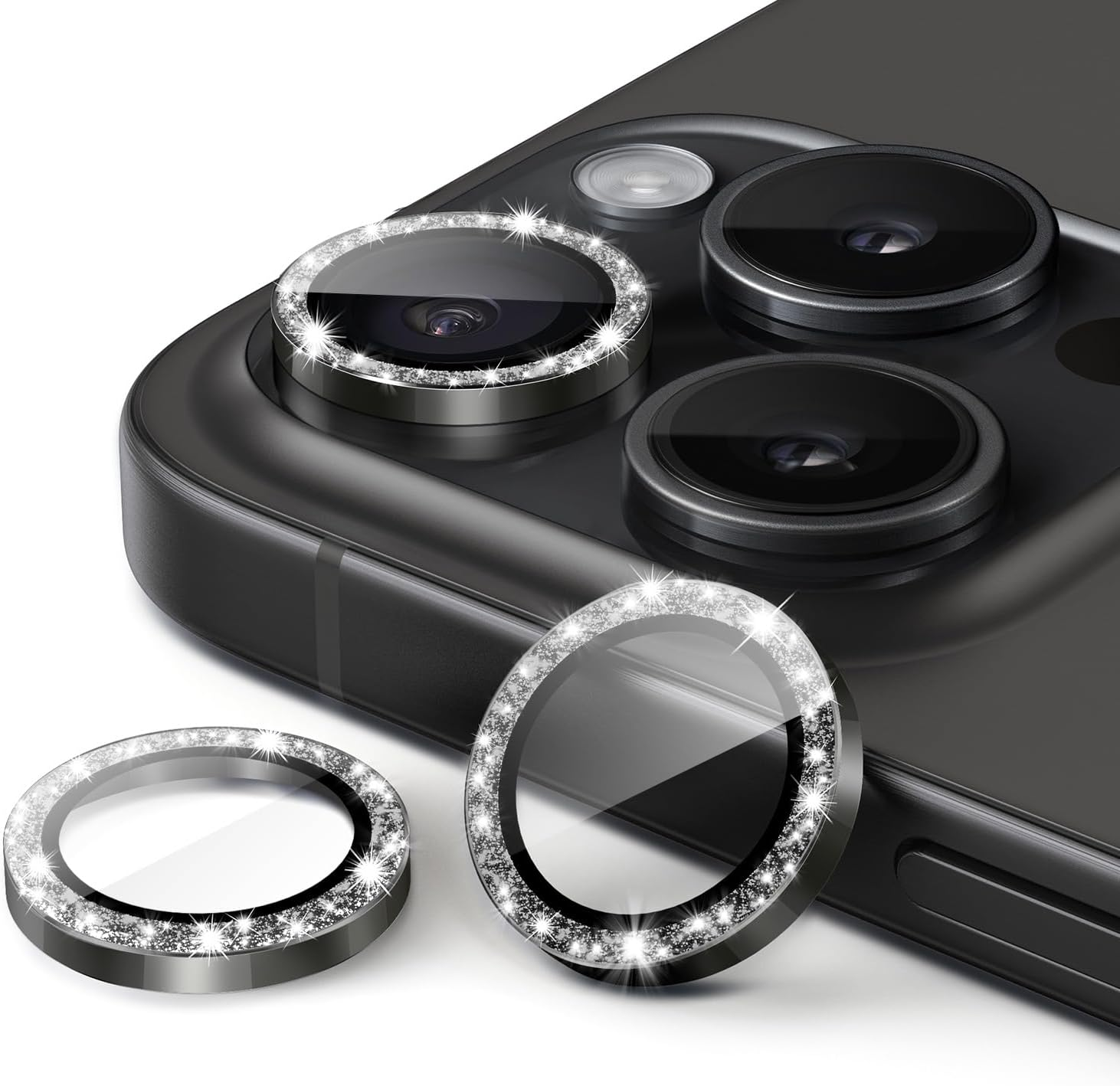 Jetech Camera Lens Protector for Iphone 15 Pro 6.1-Inch and Iphone 15 Pro Max 6.7-Inch, Bling Glitter Individual 9H Tempered Glass Metal Ring Cover, HD Clear, 1 Set (White Titanium)