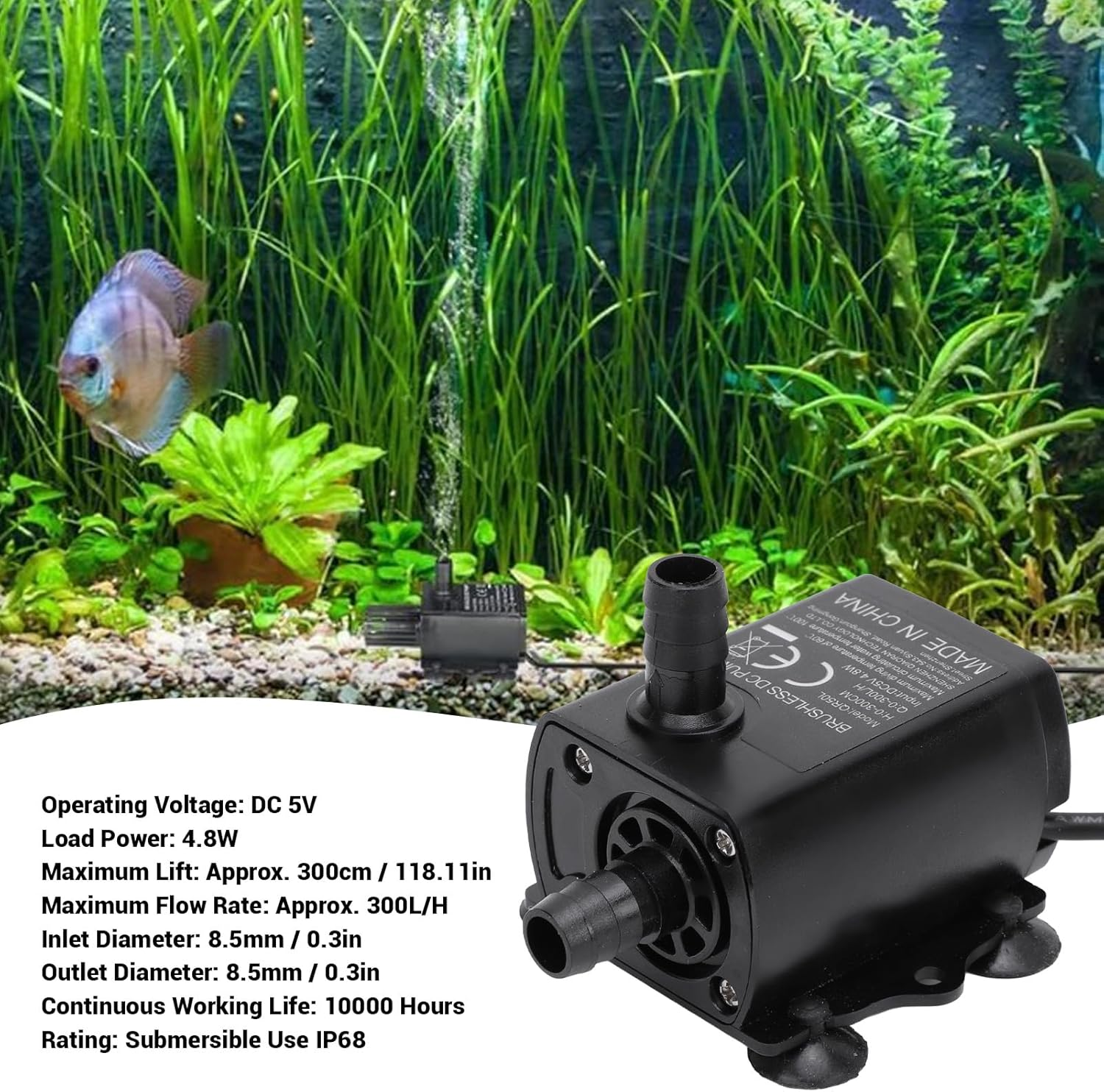 Fountain Water Pump, 300L H Submersible Aquarium Pump with Adjustment Detachable Design and LED Indicators for Pond Fish Tank image number 6