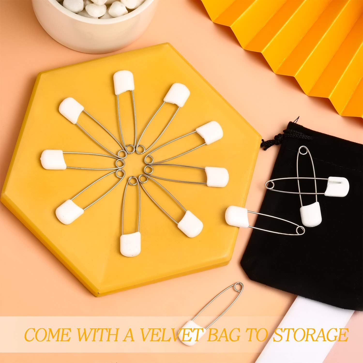 WILLBOND 50 Pieces White Baby Safety Pins, 2.2 Inch Plastic Head Cloth Diaper Pins with Locking Closures, Stainless Steel Nappy Pins with Velvet Bag