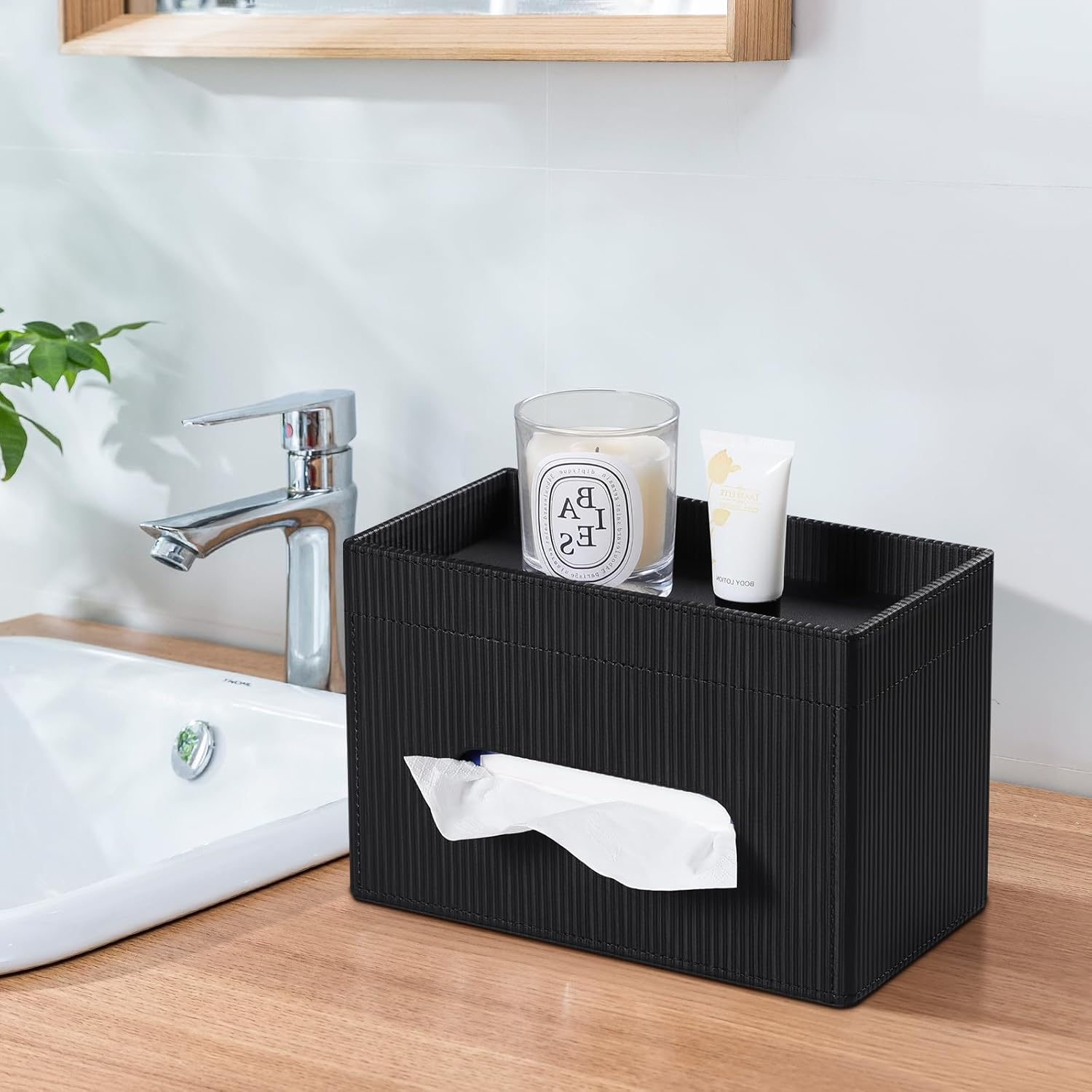Cretkhp Rectangular Tissue Box Cover with Storage Tray, PU Leather Tissue Box Holder for Bathroom Vanity Countertop Night Stands Bedroom Office Desk, Stylish Tissue Holder Decorative Organizer (Black) - White image number 4