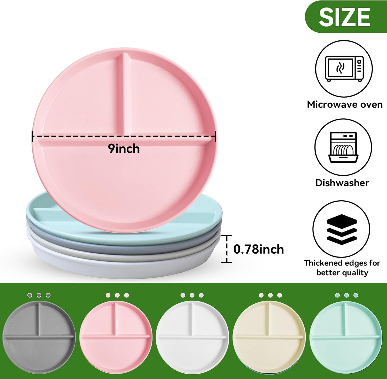 WAYGYMBBD Unbreakable Divided Plates for Kids Adults 9 Inch 5Pcs，Round Portion Control Plate,3 Compartment Plates with Dividers，Microwave and Dishwasher Safe image number 1