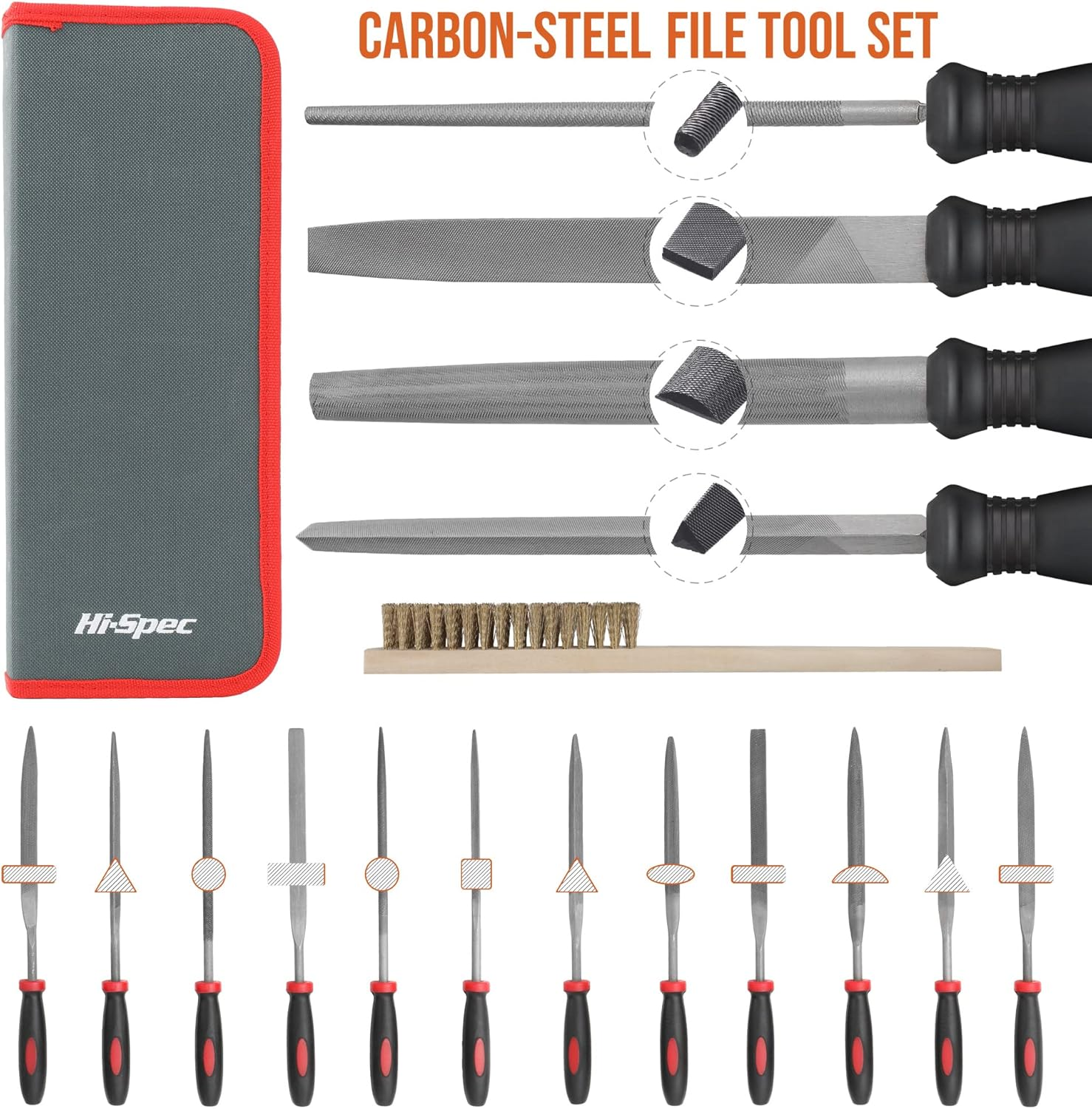 Hi-Spec 17 Piece Metal Hand & Needle File Tool Kit Set. Large & Small Mini T12 Carbon Steel Flat, Half-Round, round & Triangle Files. Complete in a Zipper Case with a Brush image number 3