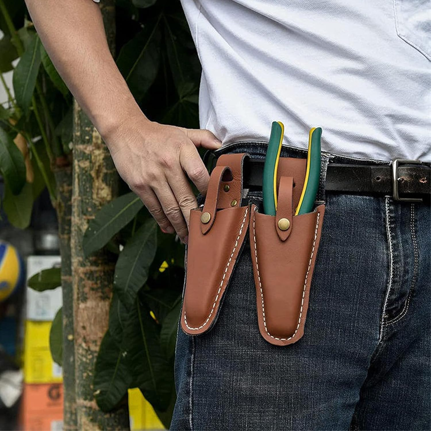 Leather Holster for Pruning Shears-Pruner Holder-Garden Tool Leather Hand Pruner Sheath Garden Pliers Scissors Holder with Snap-2 Pack image number 4