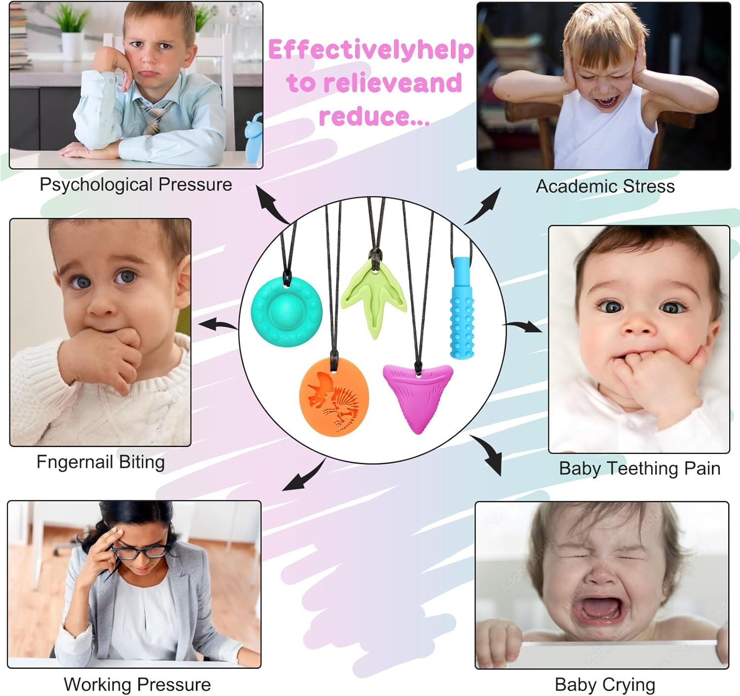 Chew Necklaces for Adults and Babies - Triceratops 5 Piece Set, Bpa-Free Silicone Sensory Chew Necklaces for Anxiety Relief, Easy to Hold, with Massage Blocks to Relieve Teething Pain image number 4