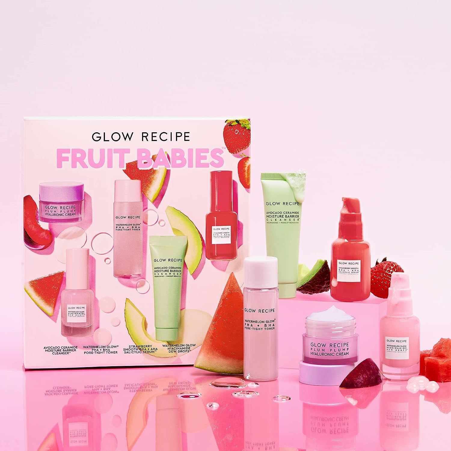 Glow Recipe - Fruit Babies Bestsellers Kit - Mini Travel Size Beauty Essentials - Avocado Foam Cleanser, Niacinamide Dew Drops Serum, Pore-Tight Toner, Salicylic Serum, Hyaluronic Acid Cream (5 Count) image number 2