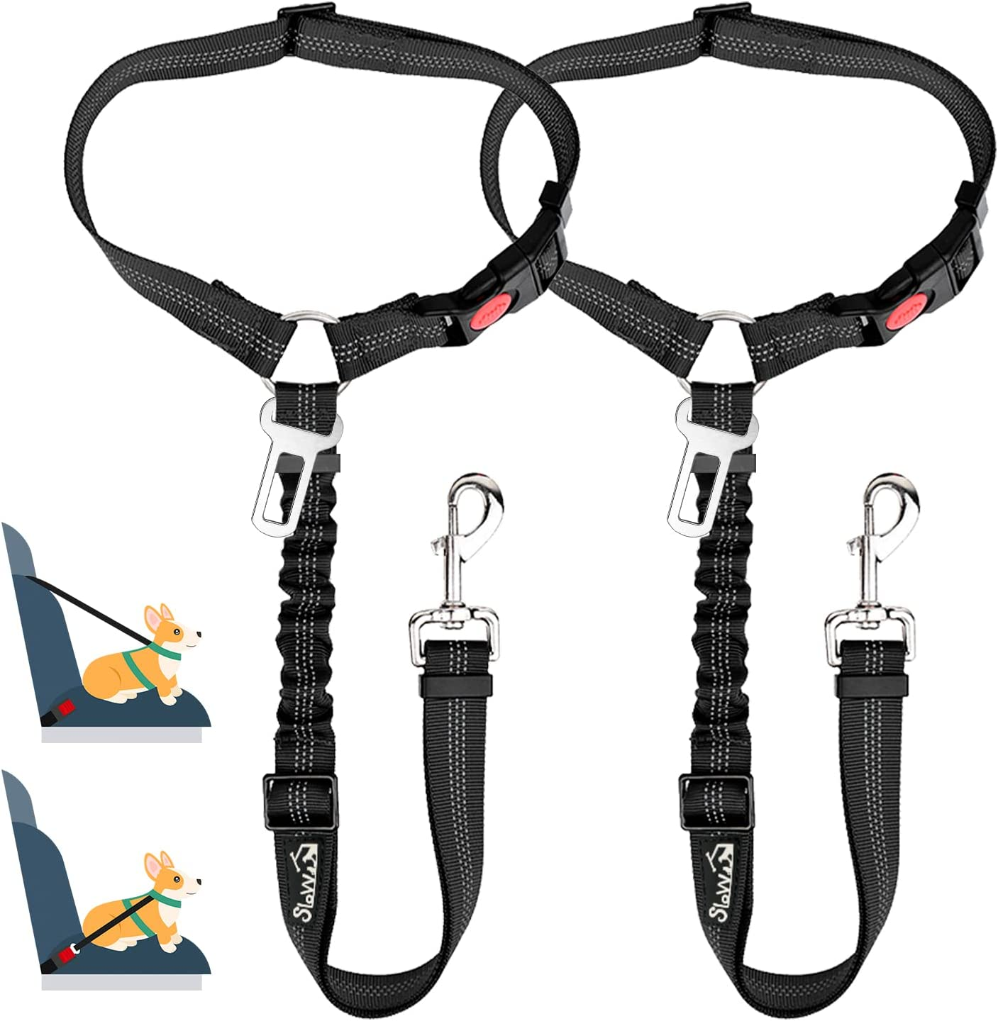 Slowton 2 in 1 Dog Seatbelts for Cars, 2 Pack Pet Car Seat Belt Headrest Restraint Puppy Safety Adjustable Dog Car with Anti-Shock Elastic Bungee Buffer for Vehicles(Black, 2 Pack) image number 5