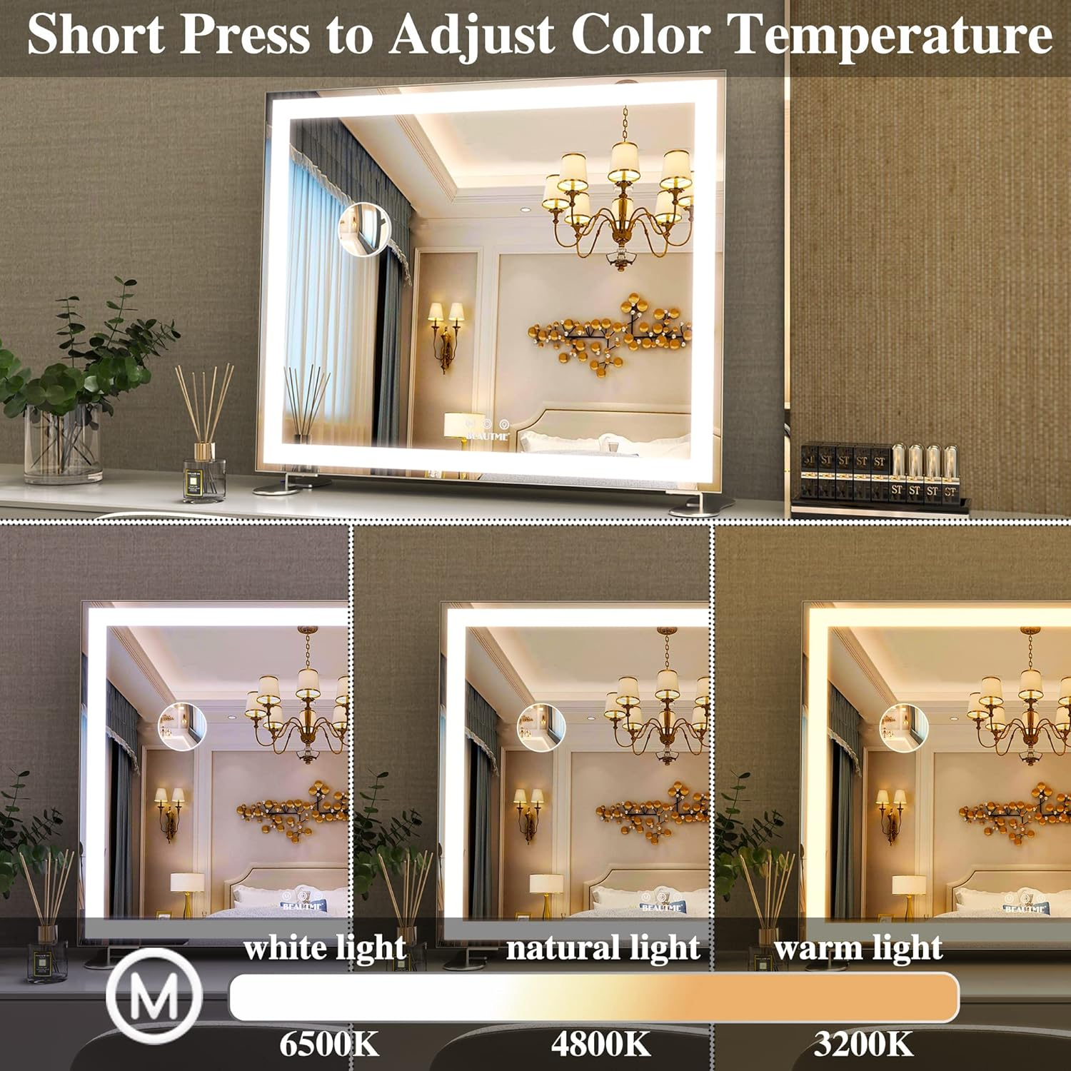 Hollywood Makeup Mirror with LED Lights, Large Lighted Vanity Dressing Table Mirror, Desktop or Wall Mounted Mirror for Bedroom, Smart Touch Screen, with 10X Magnification, 60 * 50.7Cm, Silver image number 7