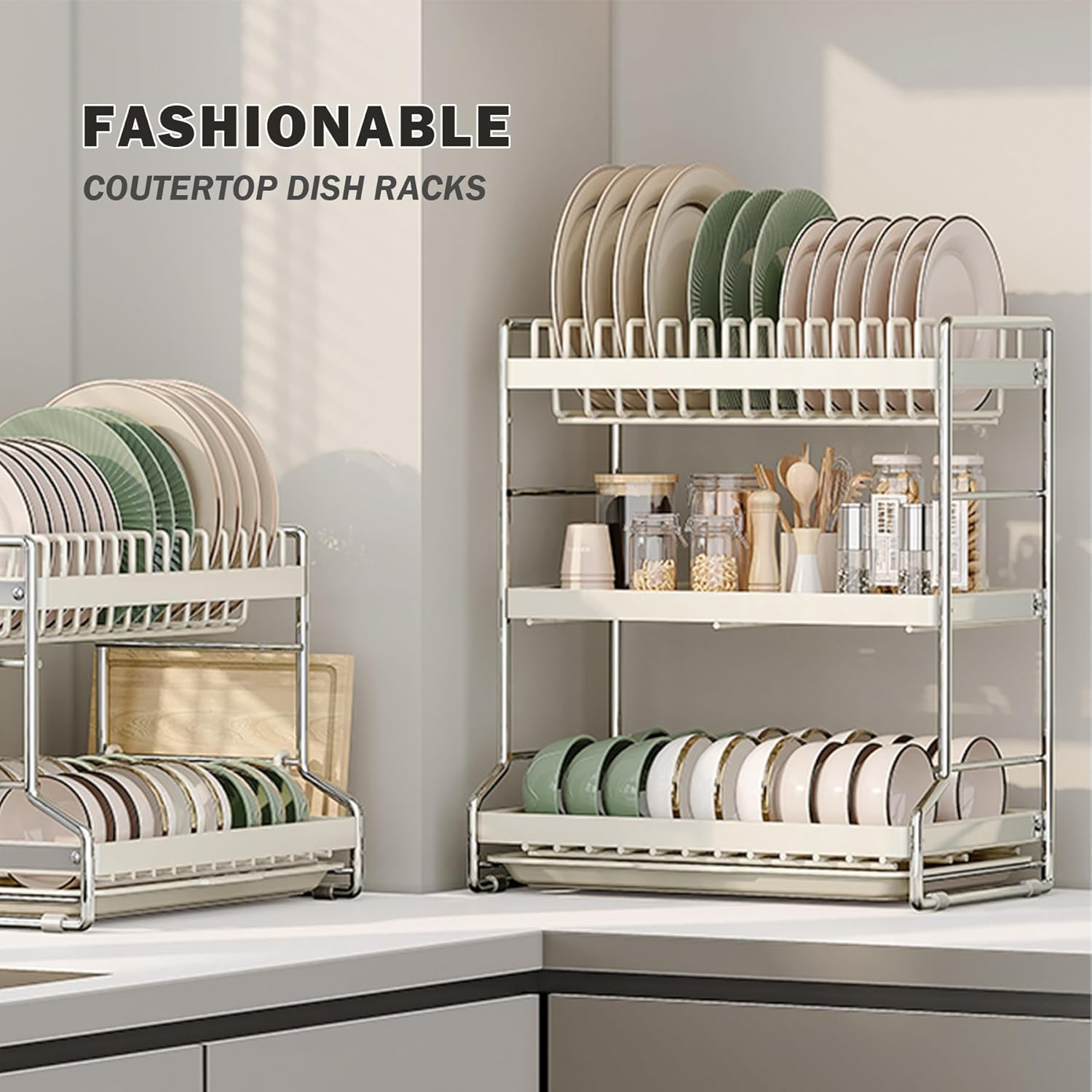 Hoisimdy Dish Drying Rack 3 Tier Kitchen Draining Rack Large Capacity with Cutlery Holder Drip Tray image number 3