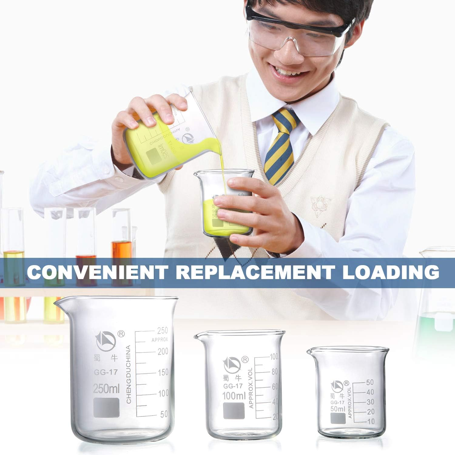 Young4Us Glass Beakers, Pack of 6 Low Form Glass Measuring & Glass Droppers Set, 3 Graduated Griffin Beakers in 3 Sizes with Scales, 250Ml, 100Ml, 50Ml, 3 Glass Droppers without Scales (3Ml per Drop) image number 2