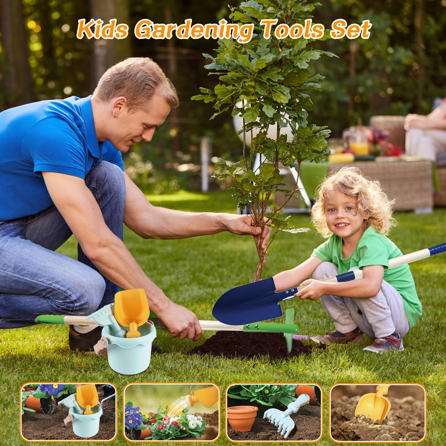 Mostop Kids Gardening Tools Set, Gardening Set for Kids, Outdoor Backyard Farm Digging Toys with Wheelbarrow, Metal Shovel, Rake, Leaf Rake, outside Garden Wagon Toys Birthday Gifts for Boys Girls 4-8 image number 6
