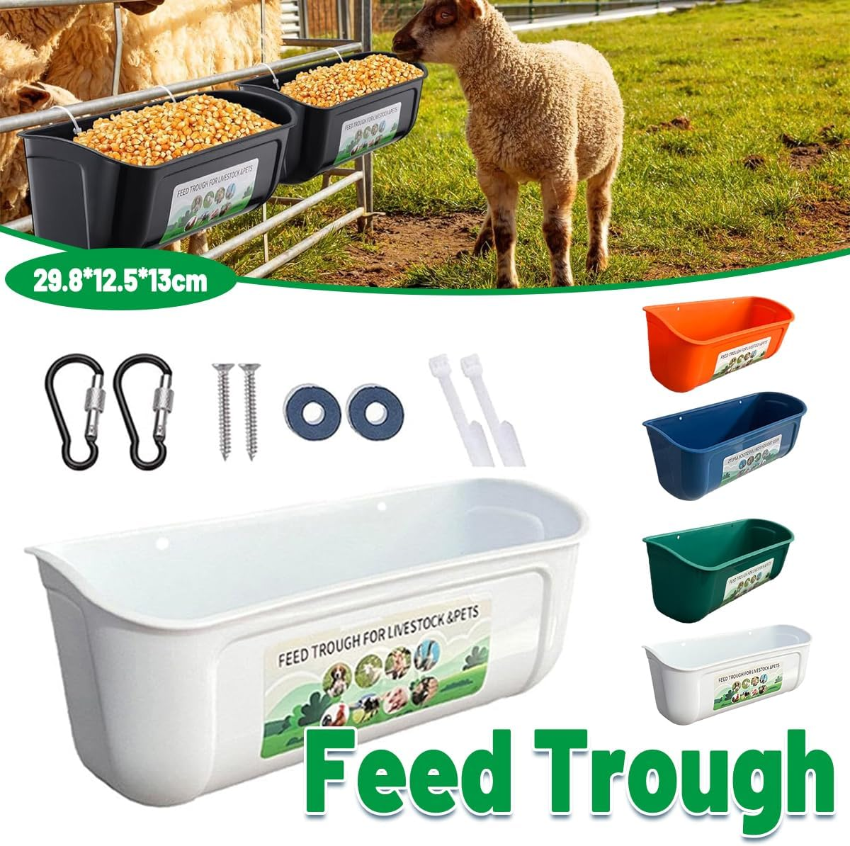 AIMALL Large Hanging Fence Feed Trough for Chicken Duck Goose Goat, Outdoor Livestock Feeder Tub with Carabiners, 11.7X4.9X5.1In - Green image number 5