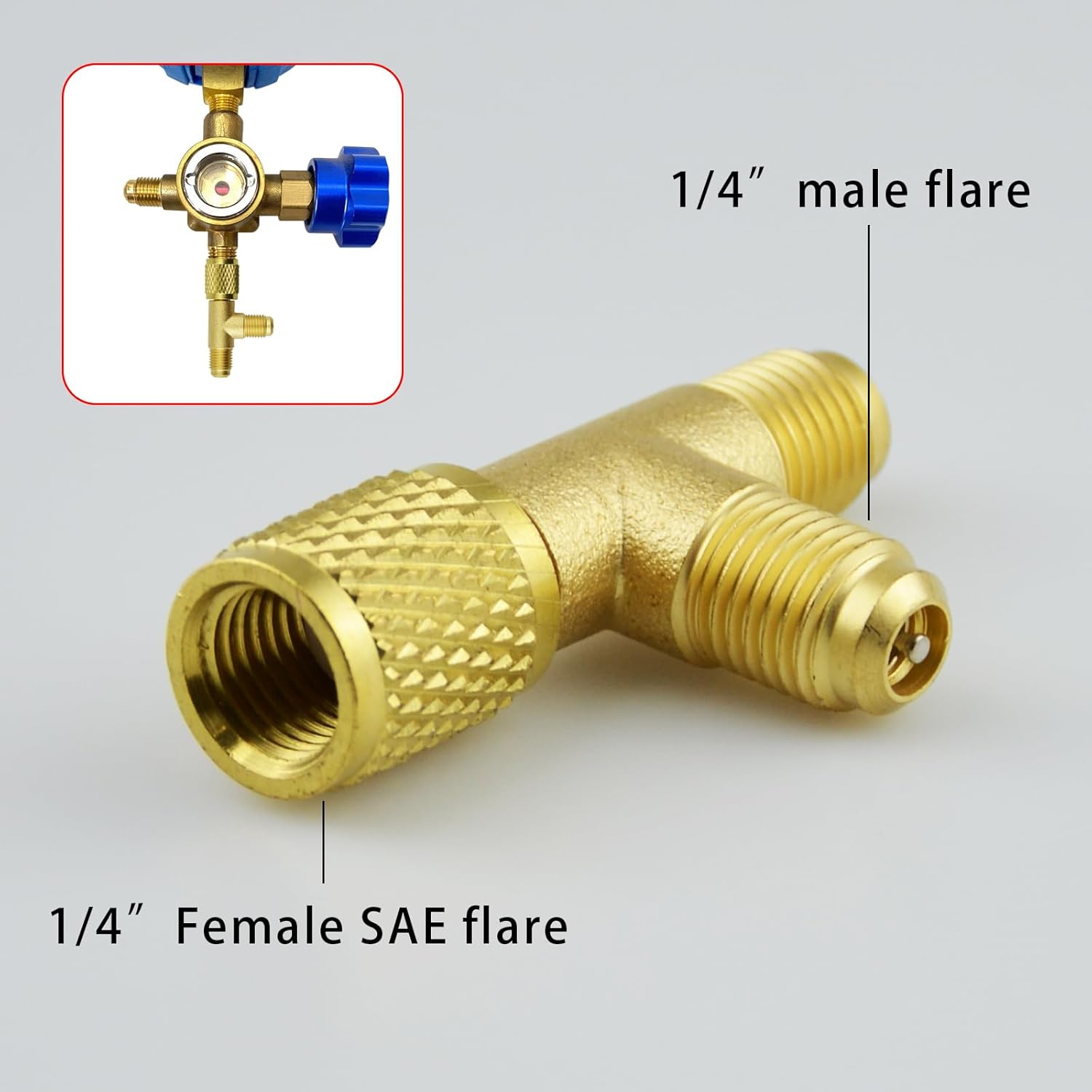 Quick Coupler Tee Adapter, 2 Pcs Brass Refrigerant Tee Adapter 1/4 Inch SAE Valves Core Tee Adapter Durable Air Conditioning Line Repair Tools for R22 R12 R134 Refrigerant Gauge Deep Vacuum Pump image number 4