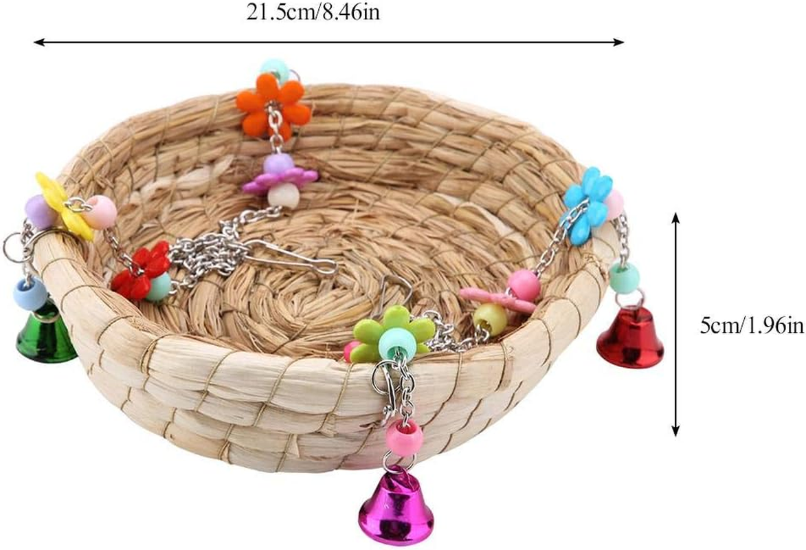 Bird Nest Bed Straw Nest Natural Hand-Woven Straw Nest Bed Swing Toy with 4 Metal Bells Toy for Budgies Cockatiels Parrots Parakeets Cage Toy image number 4