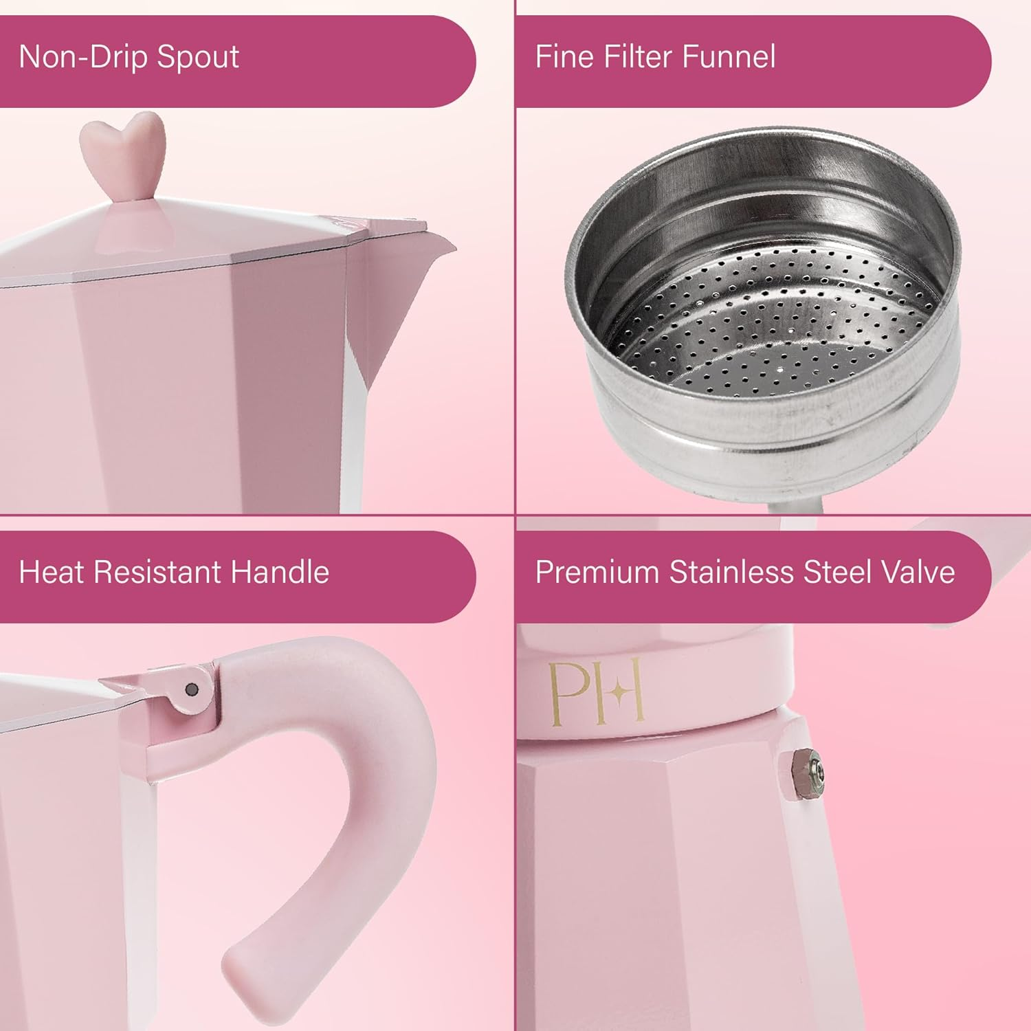 Paris Hilton Stovetop Espresso and Coffee Maker, Italian & Cuban Style Coffee Pot with Iconic Heart Knob, Perfect for Rich Aromatic Espresso, Makes up to 6 Espresso Cups, Pink image number 3