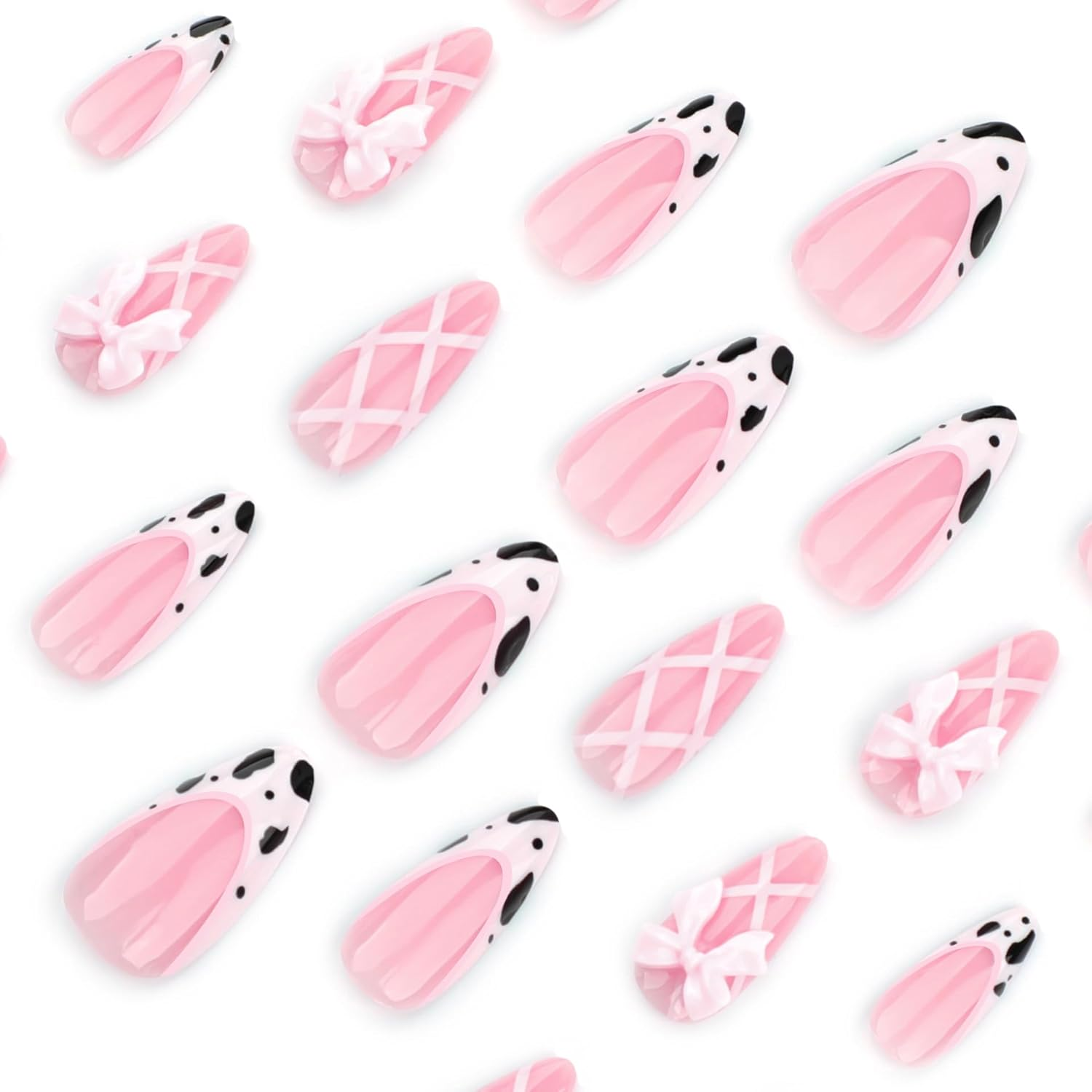 24 Pieces French Press on Nails Medium Length Almond Artificial Nails Pink Bow Fingernails for Sticking Cow Print Glue Nails Set Acrylic Nail Tips Women'S Nail Accessories image number 1