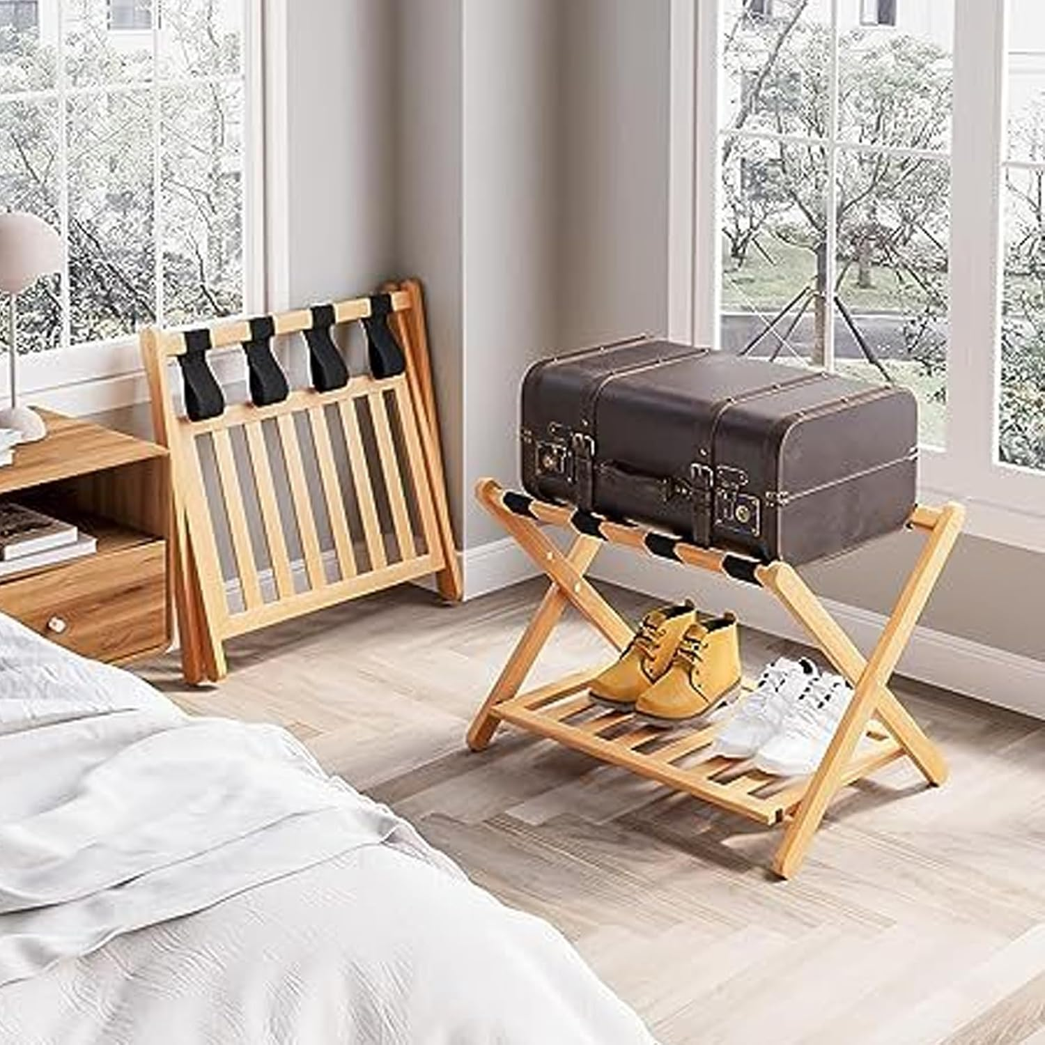 Wooden Luggage Rack with Storage Folding Suitcase Stand Quick Assembly - Home/Storage & Organisation/Clothing & Wardrobe Storage image number 5