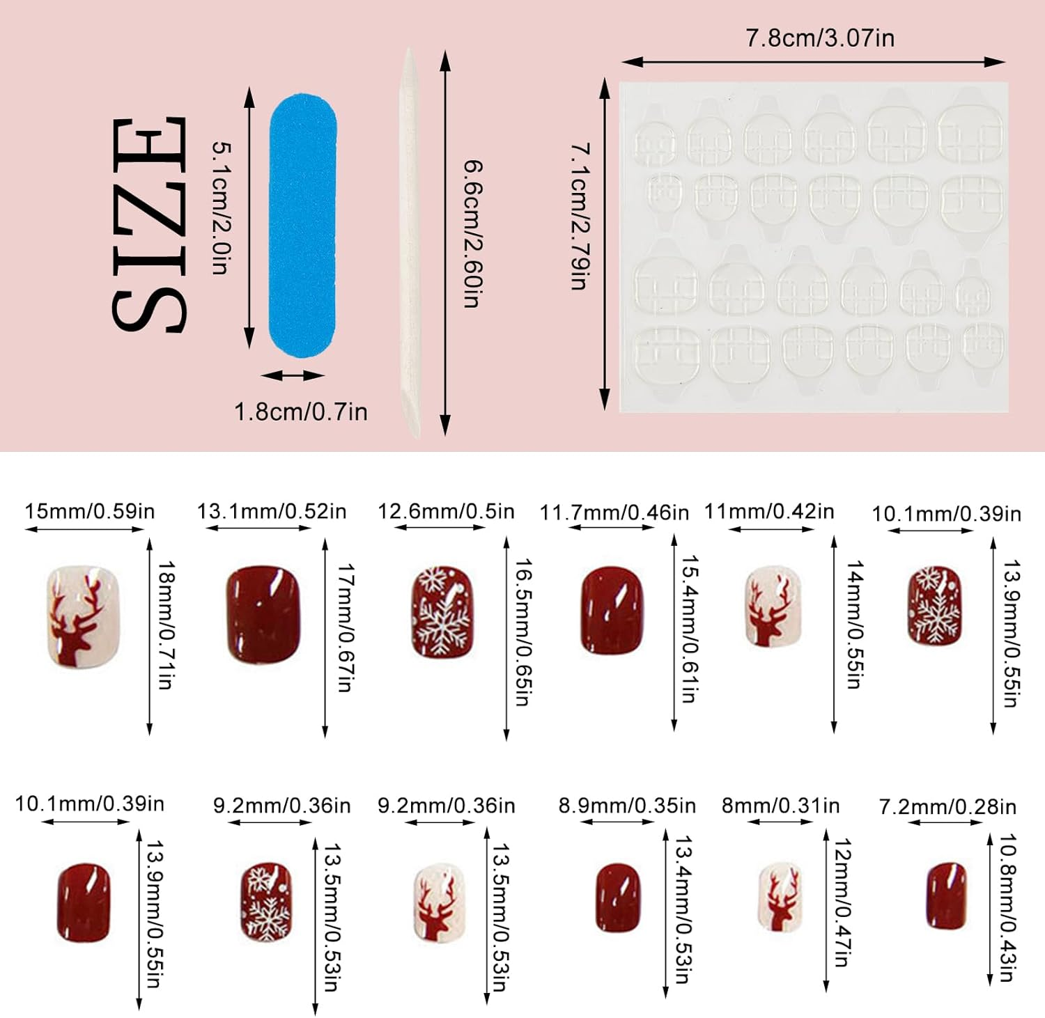 NICENEEDED 24PCS Christmas Press on Nails, Short Fake Nails Snowflake Artificial Nails, Reindeer False Nails Xmas Red Stick on Nails for Manicure Art Decorations image number 4
