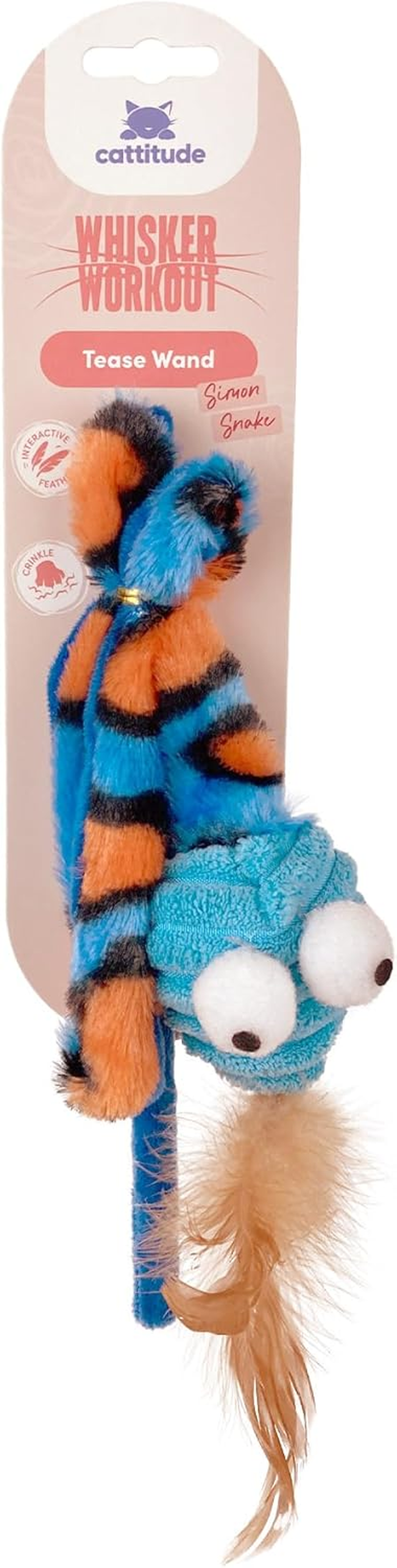 Cattitude Cat Toy Whisker Workout Simon Snake Tease Wand, 76Cm Height, Blue & Orange - Rattle to Encourage Play, Interactive Feathers, Textured Fabric