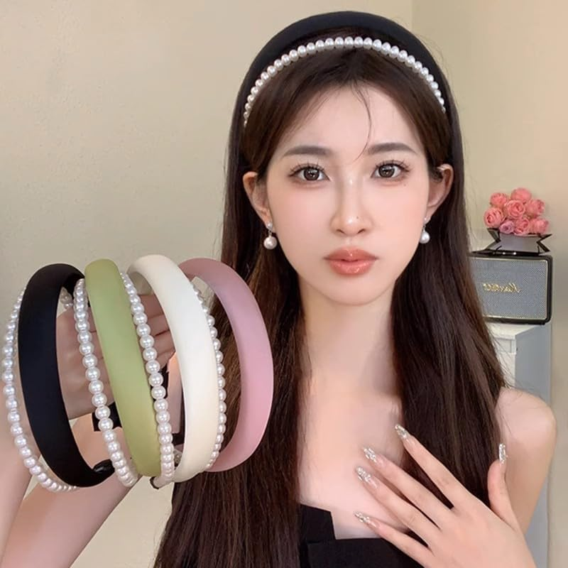Black Padded Double Layer Headband White Pearl Headbands for Women Girls Pearl Puffy Head Band Layered Head Bands Pearls Hair Hoop Band Faux Pearl Headband Sponge Headbands image number 1