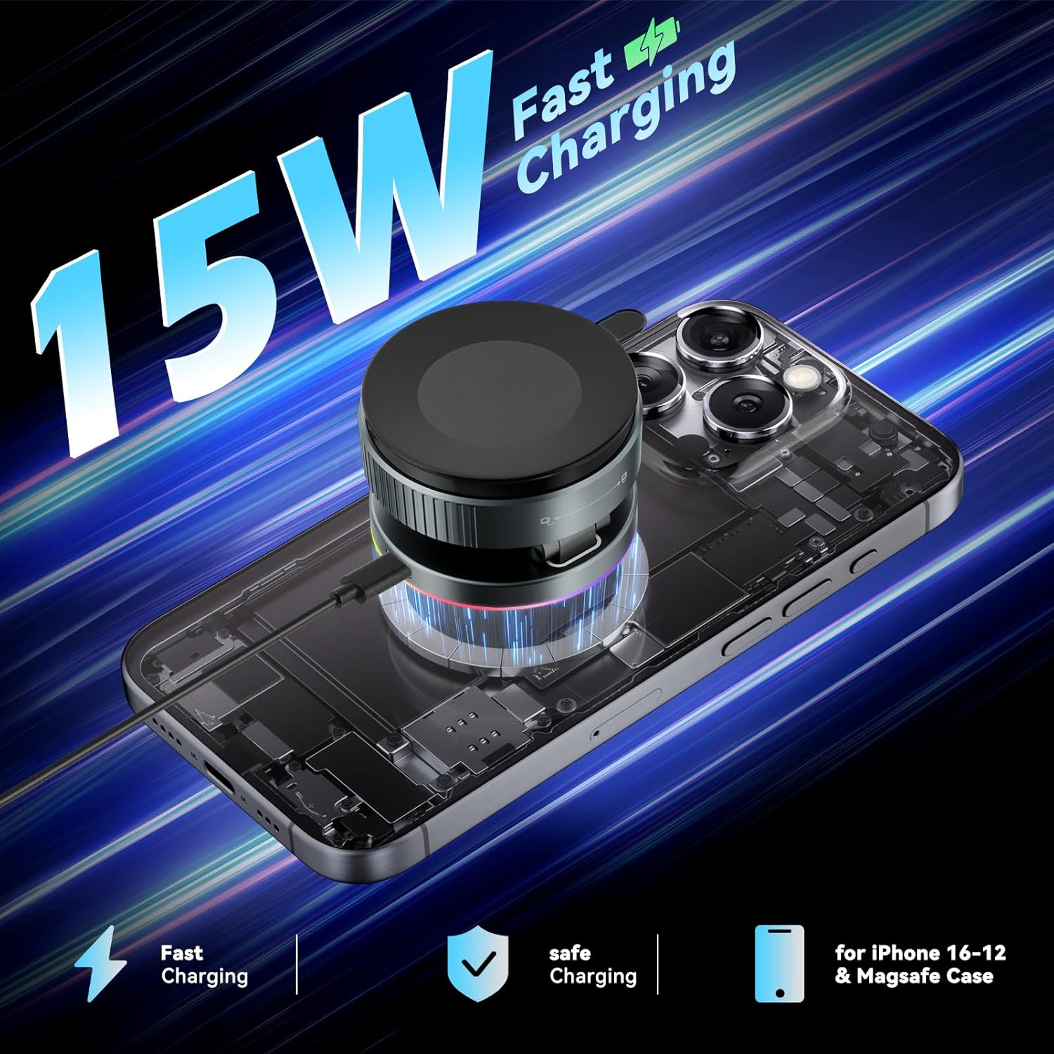 Cloudvalley for Car Mount Charger, 15W Wireless Rapid Charging & 360&deg; Rotating Vacuum Suction Cup, Magnetic Phone Holder with RGB Light, Compatible with Magsafe, Iphone 16/15/14/Dash/Windshield/Screen image number 2