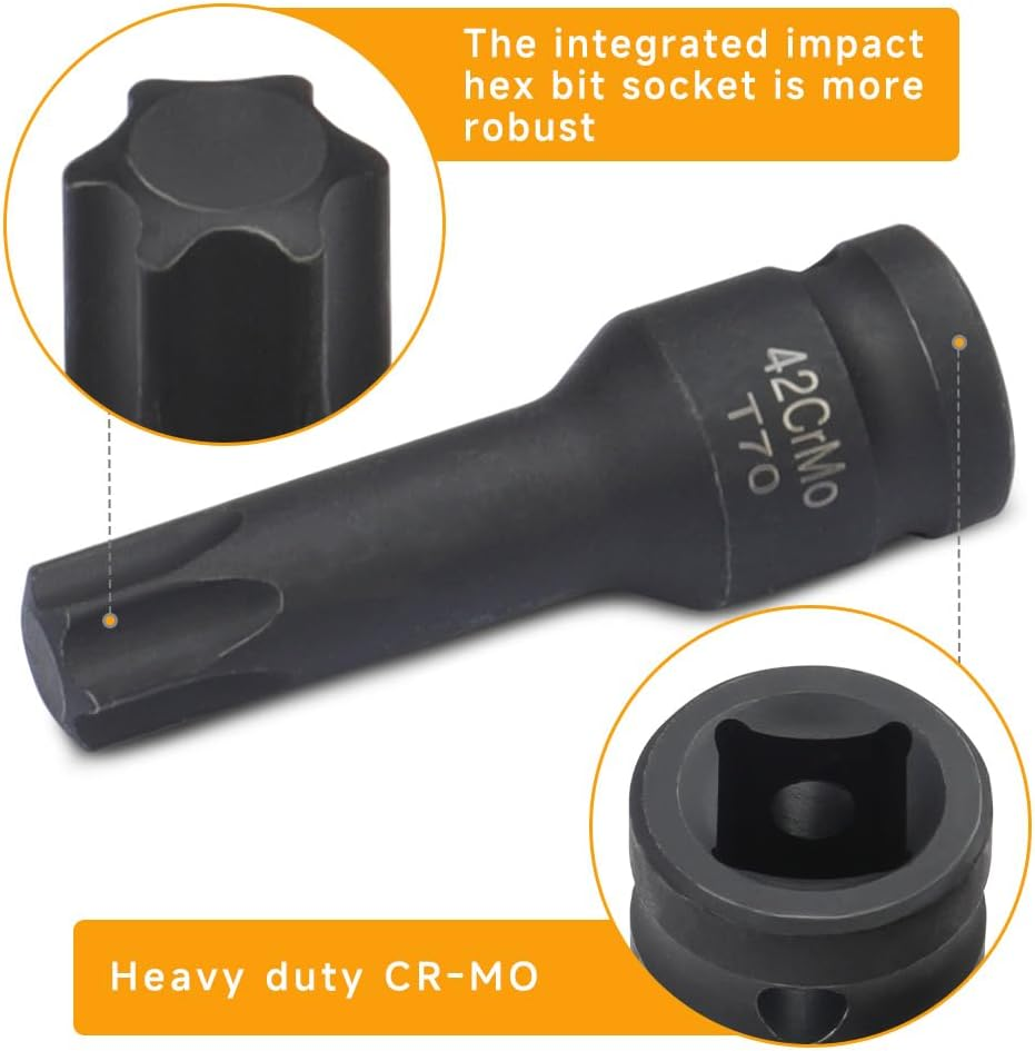 Hoteche 8PC 1/2 Inch DR Impact Wrench Torx Socket Set, T30-T80, CR-MO Material, Black Phosphate Coating, Includes Blow Mould Box - Power Bit Socket Set for Professional Applications image number 5