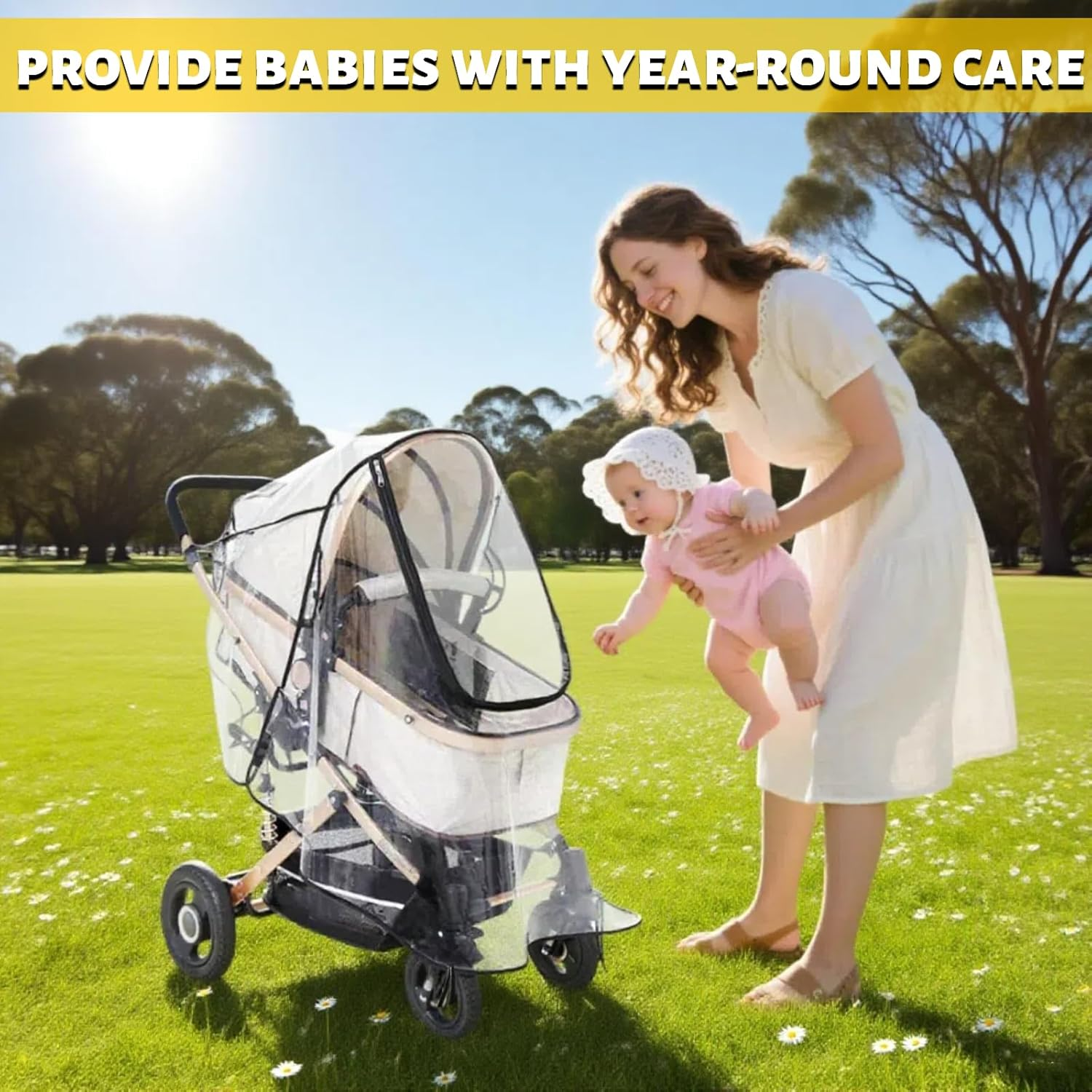 Universal Baby Stroller Rain Cover - EVA Material with Front Zip Opening, Windproof Waterproof Dustproof Clear Transparent Protection for Travel Weather Shield - Fits Most Pushchairs, Prams, Buggies image number 1