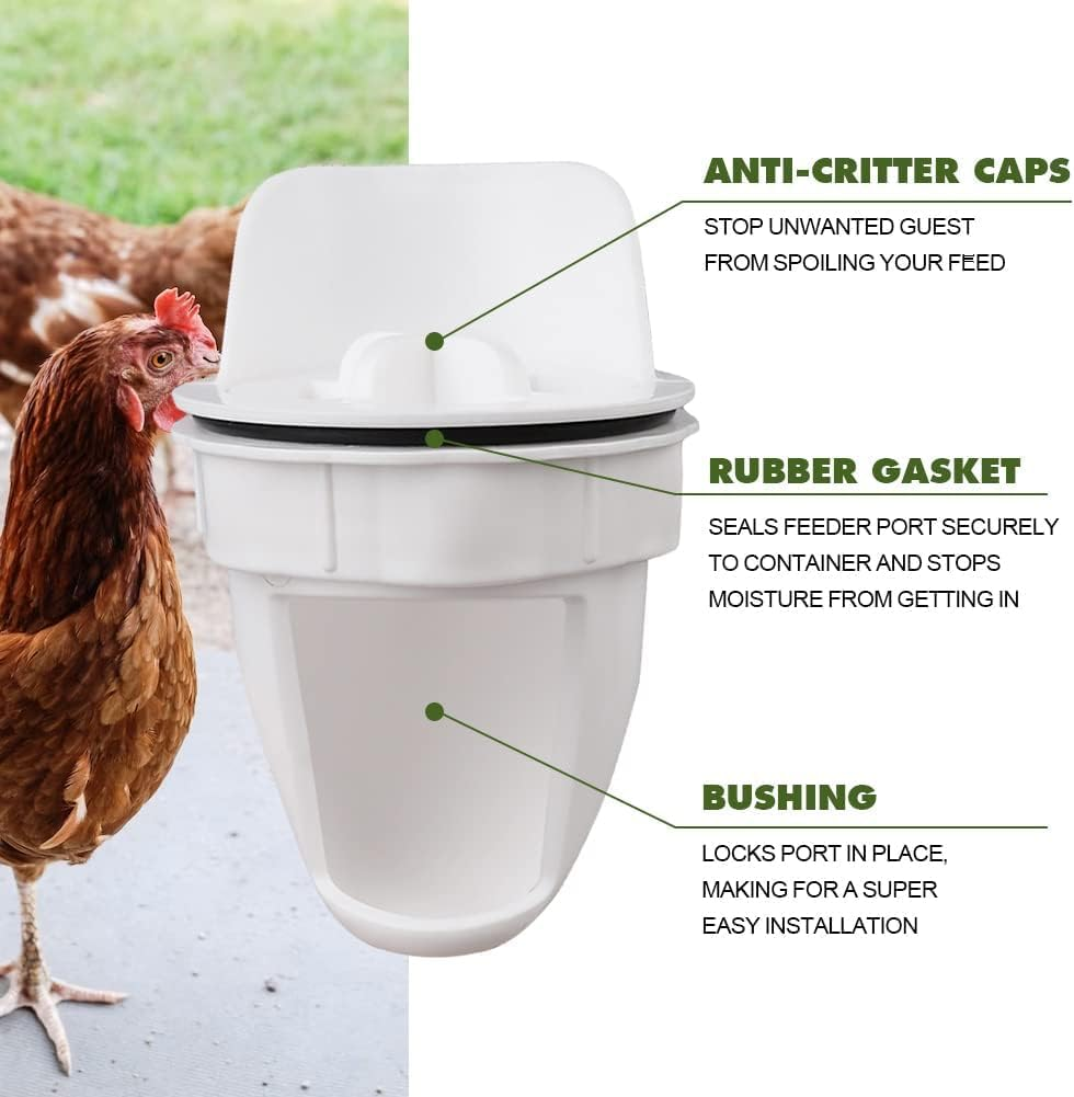 Chicken Feeder Kit,Automatic Poultry Feeder Ports Kit, No Waste Waterproof Feeder Ports Kit 4 Ports 1 Hole Saw with Covers for Buckets, Bins, Troughs