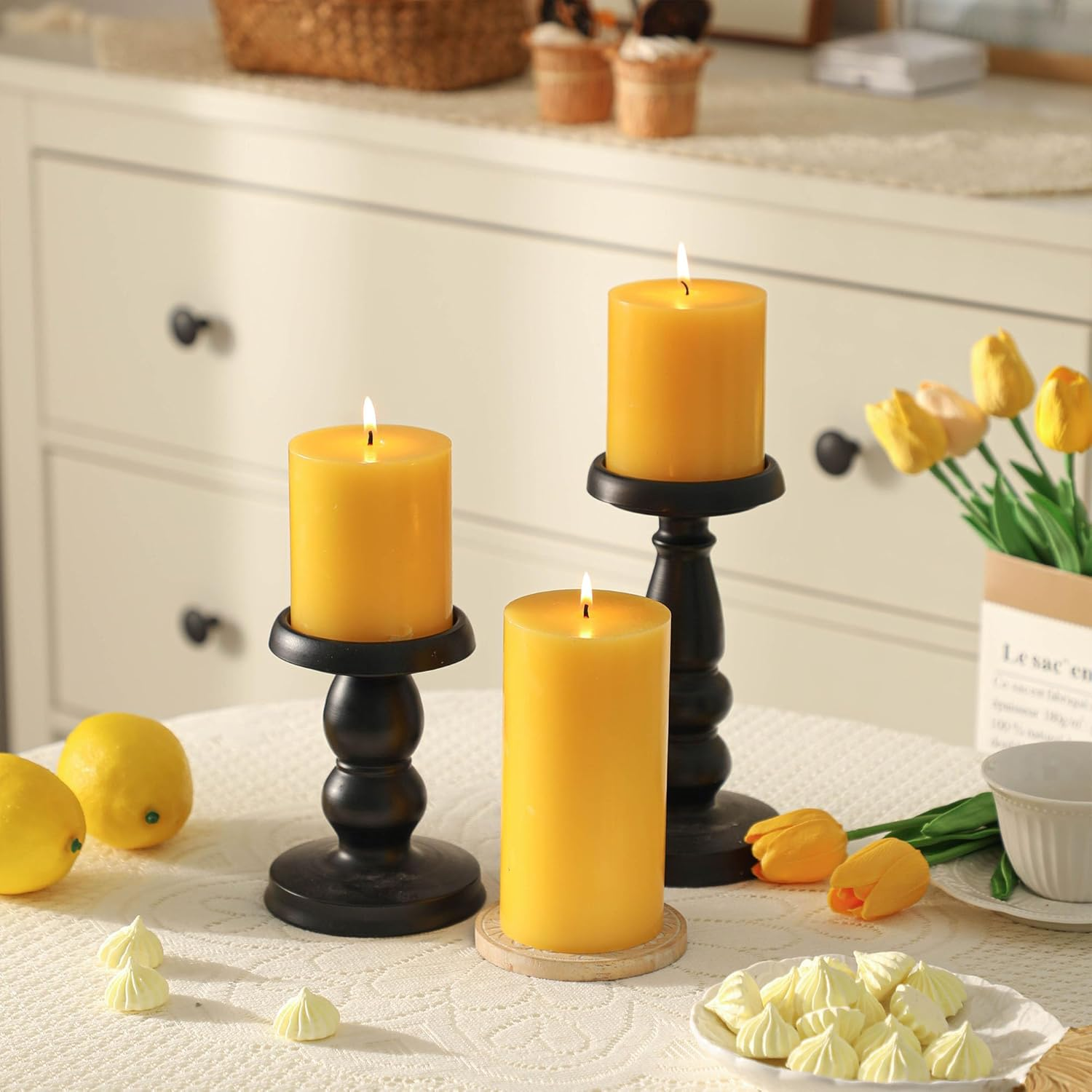 3X4 Inch Yellow Pillar Candles Set of 3 - Decorative Unscented Pillar Candle, Long Burning Dripless Candle for Table Decor, Smokeless Large Pillar Candles for Wedding Table Decor