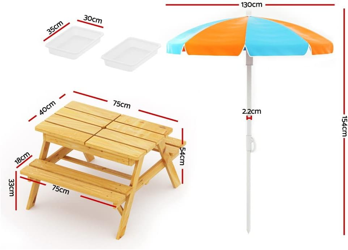 Keezi Kids Table and Chairs with Umbrella, 75 X 40 X 54Cm Outdoor Lounge Setting Picnic Water Tables Garden Benches Seat Sandpit Camping Beach Children Play Equipment, 2 Storage Boxes image number 2